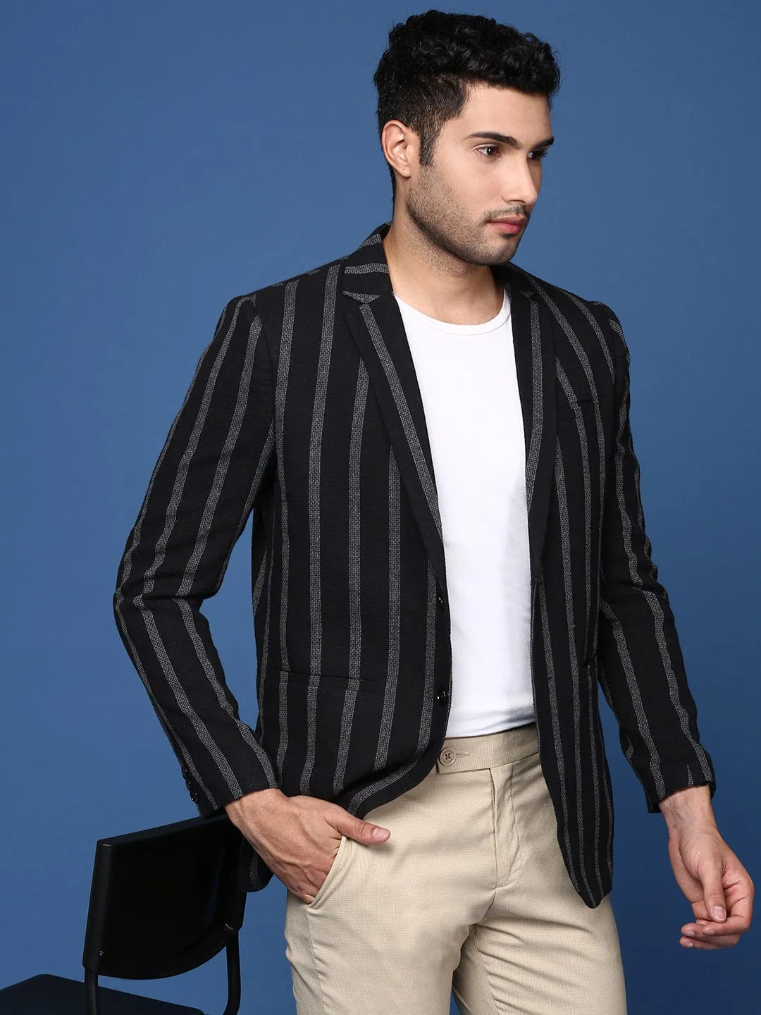 Men's Black Striped Single Breasted Slim Fit Blazer Thermal Insulation Layer