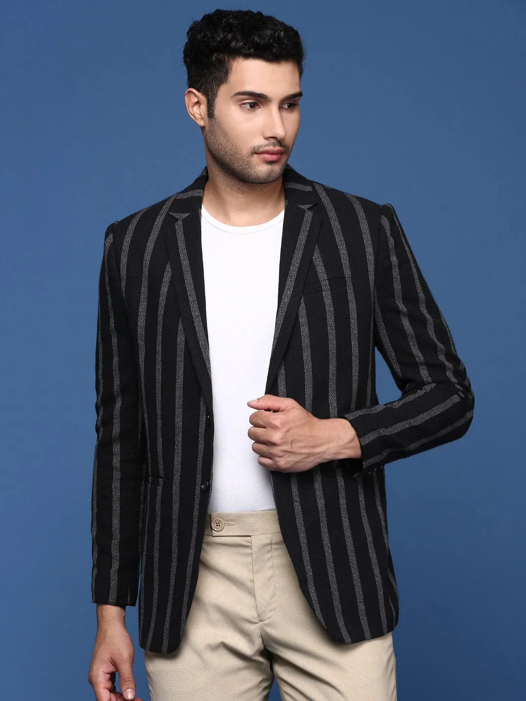 Single Breasted Pattern Print Men's Black Striped Single Breasted Slim Fit Blazer