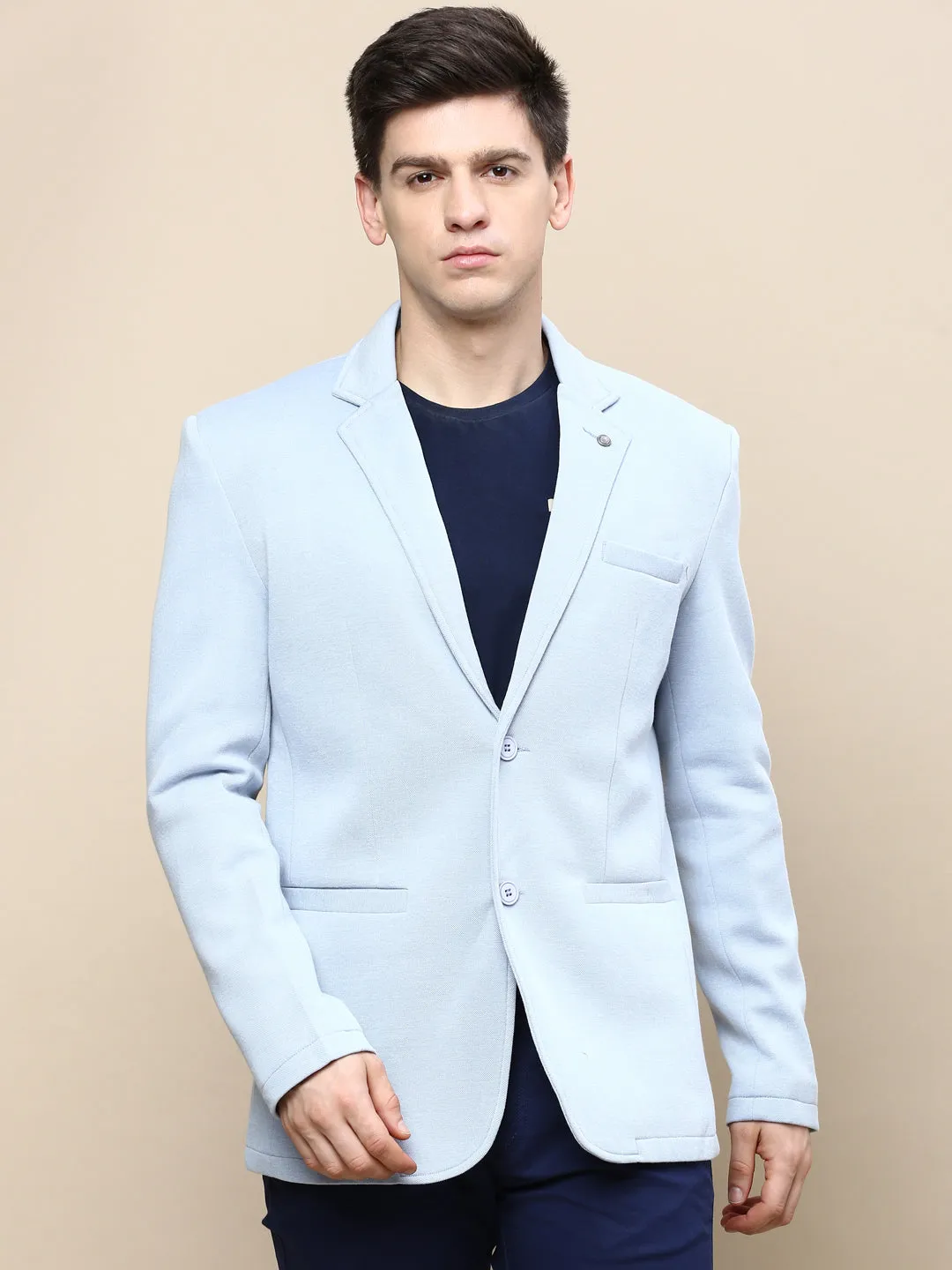 Men's Blue Notched Lapel Single Breasted Blazer Airflow Optimization Bonded Seam Technology