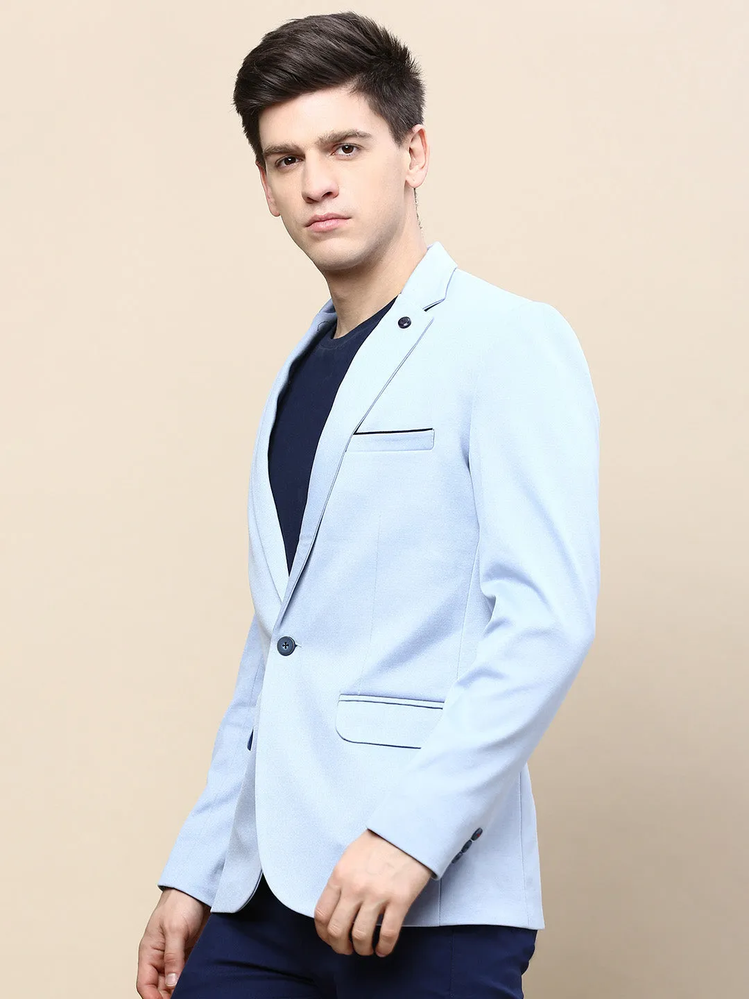 Men's Blue Notched Lapel Single Breasted Blazer FlexibleCuffSystem