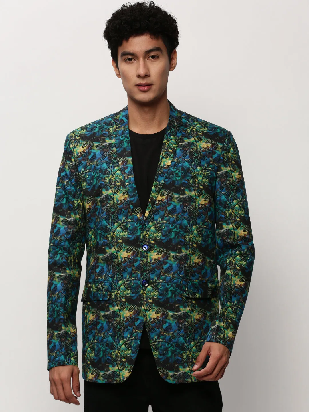 Men's Blue Printed Slim-Fit Cotton Single Breasted Blazer Layered Hem Design