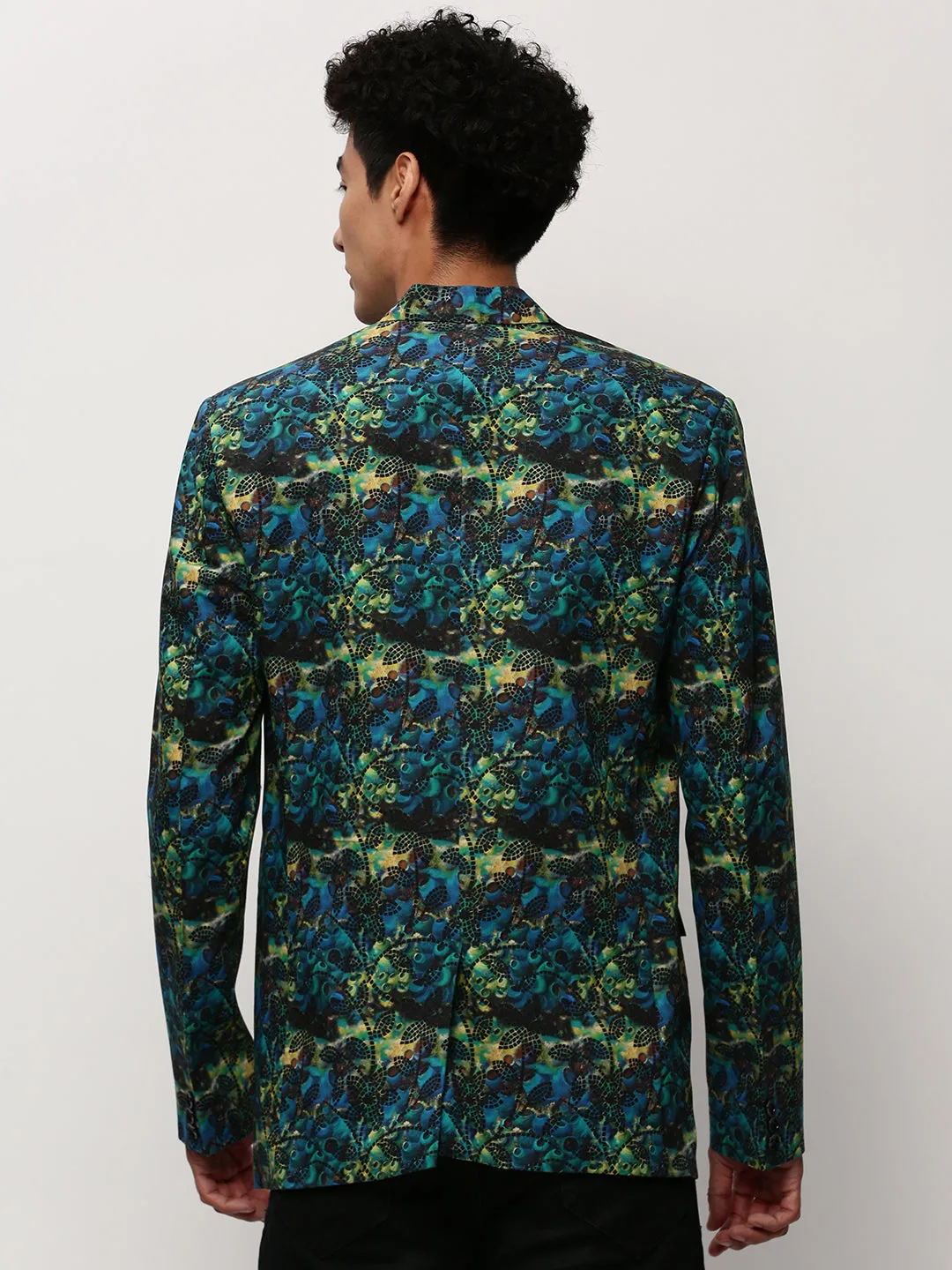 Autumn Wear Men's Blue Printed Slim-Fit Cotton Single Breasted Blazer