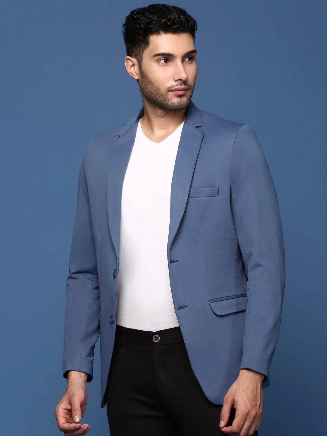 Men's Blue Slim Fit Cotton Single Breasted Blazer Minimalist Design