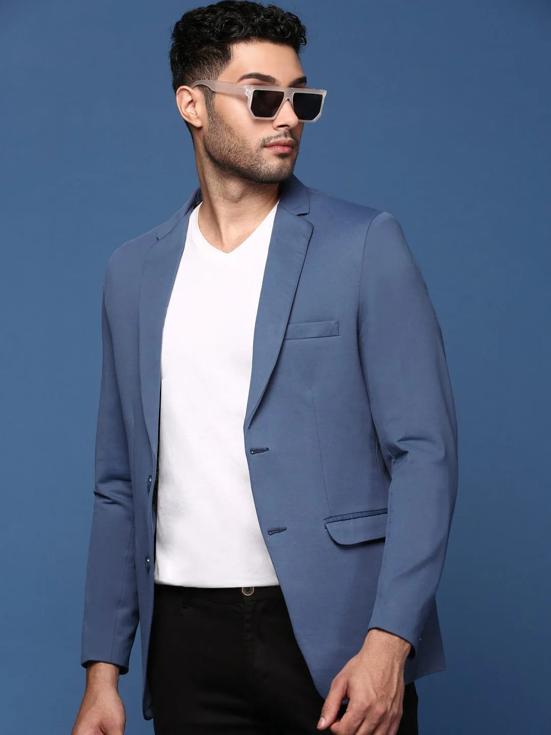 Windproof Cuffs Men's Blue Slim Fit Cotton Single Breasted Blazer