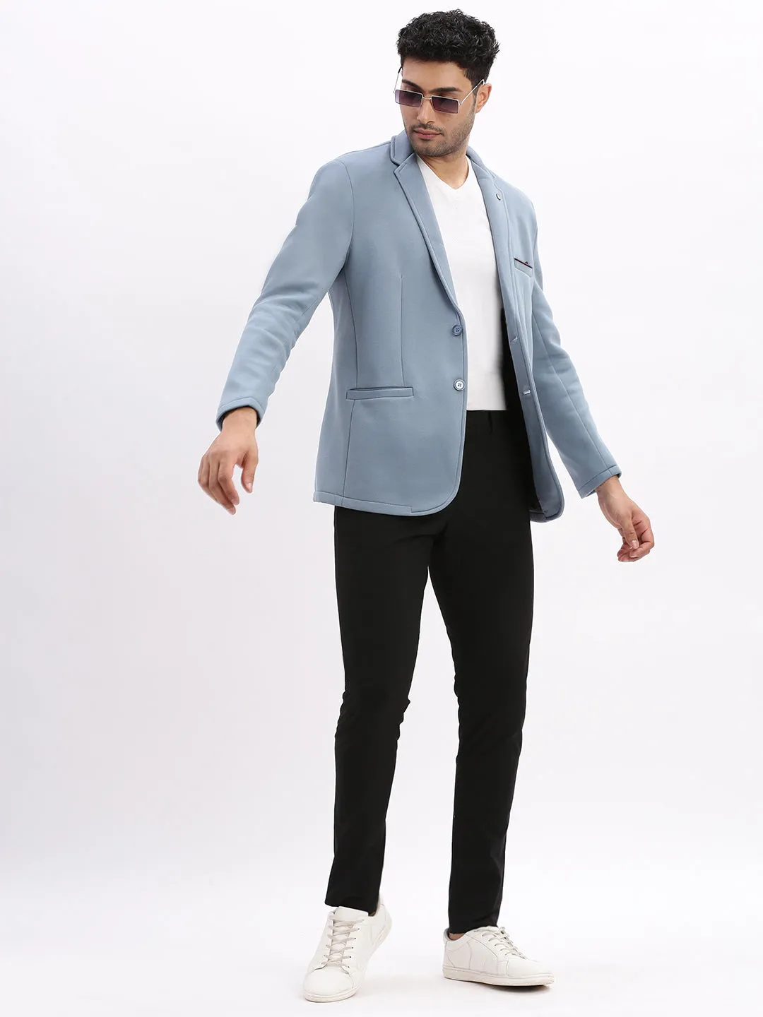 Men's Blue Solid Single Breasted Blazer Layer Piece