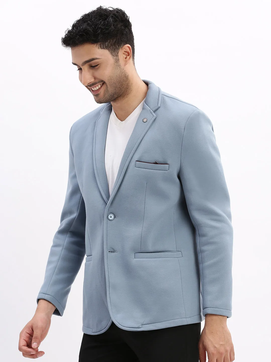 Men's Blue Solid Single Breasted Blazer Seamless Knit Cuffs EasyClean Coating