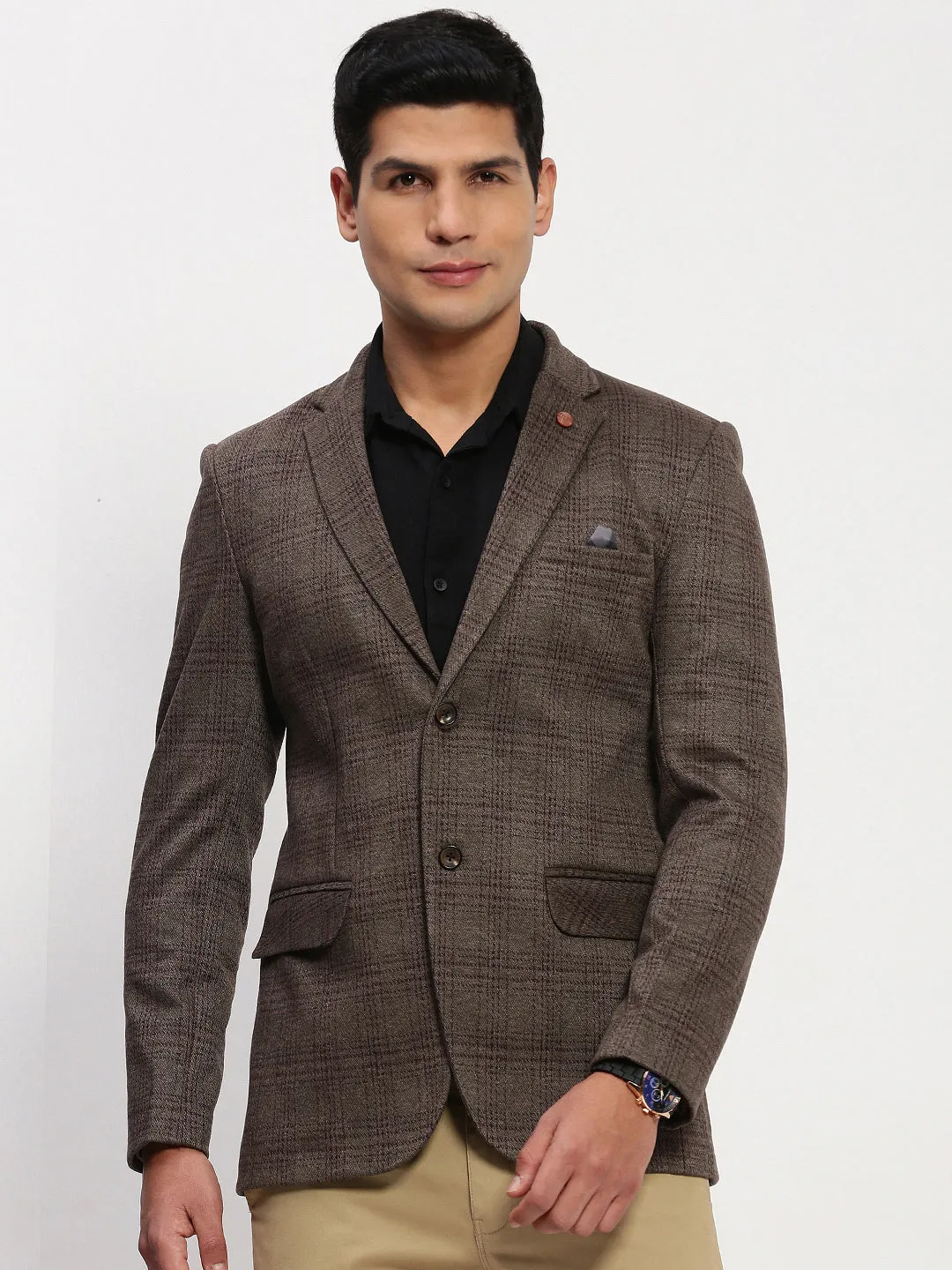 Zippered Vents Wrinkle Free Exterior Men's Brown Checked Single Breasted Blazer