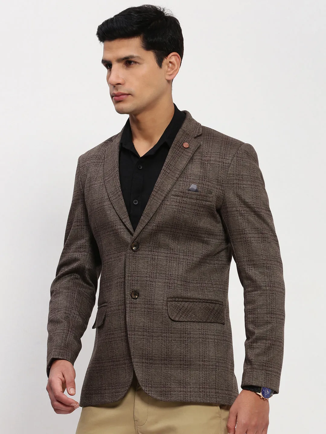 Men's Brown Checked Single Breasted Blazer Anti Pilling Surface
