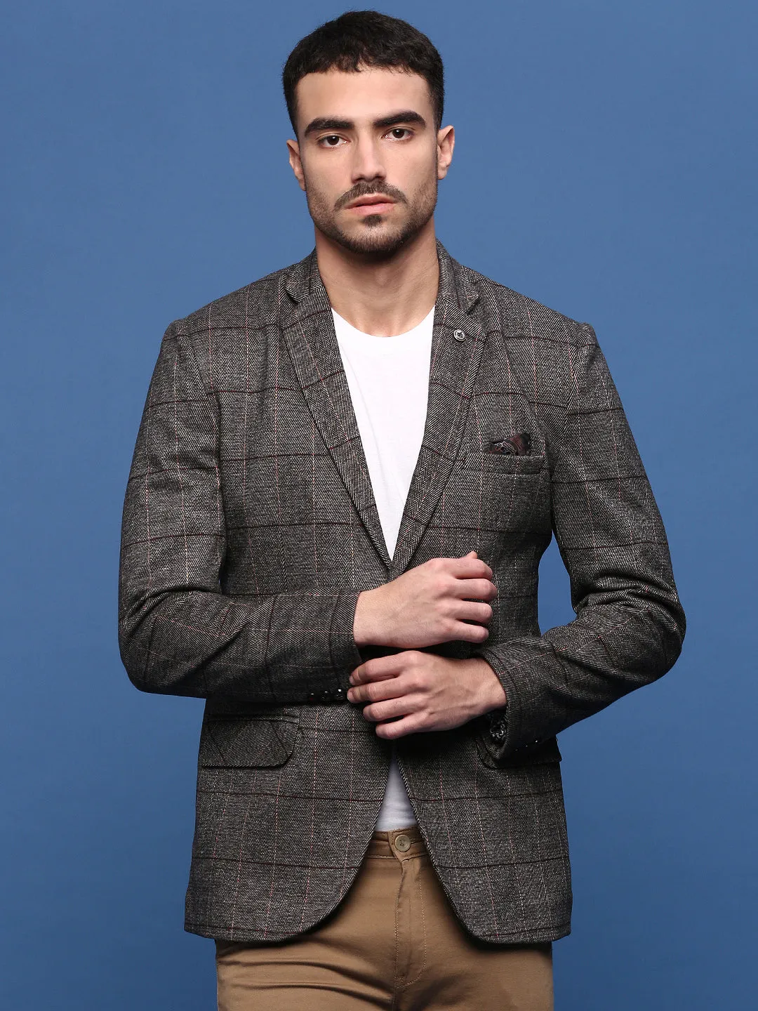 Men's Brown Slim Fit Checked Single Breasted Blazer Reinforced Seam Durability