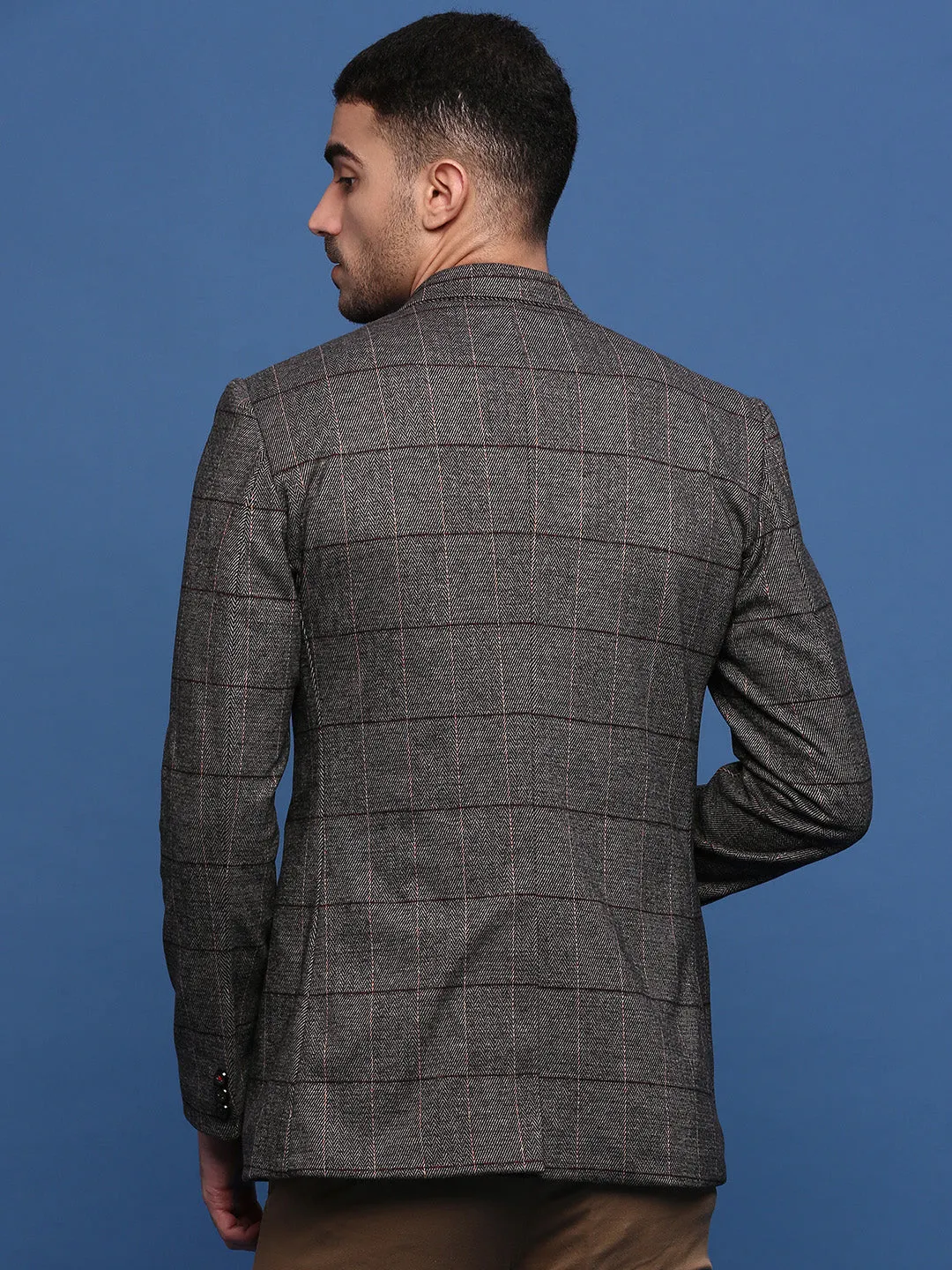 Odor Resistant Finish Men's Brown Slim Fit Checked Single Breasted Blazer