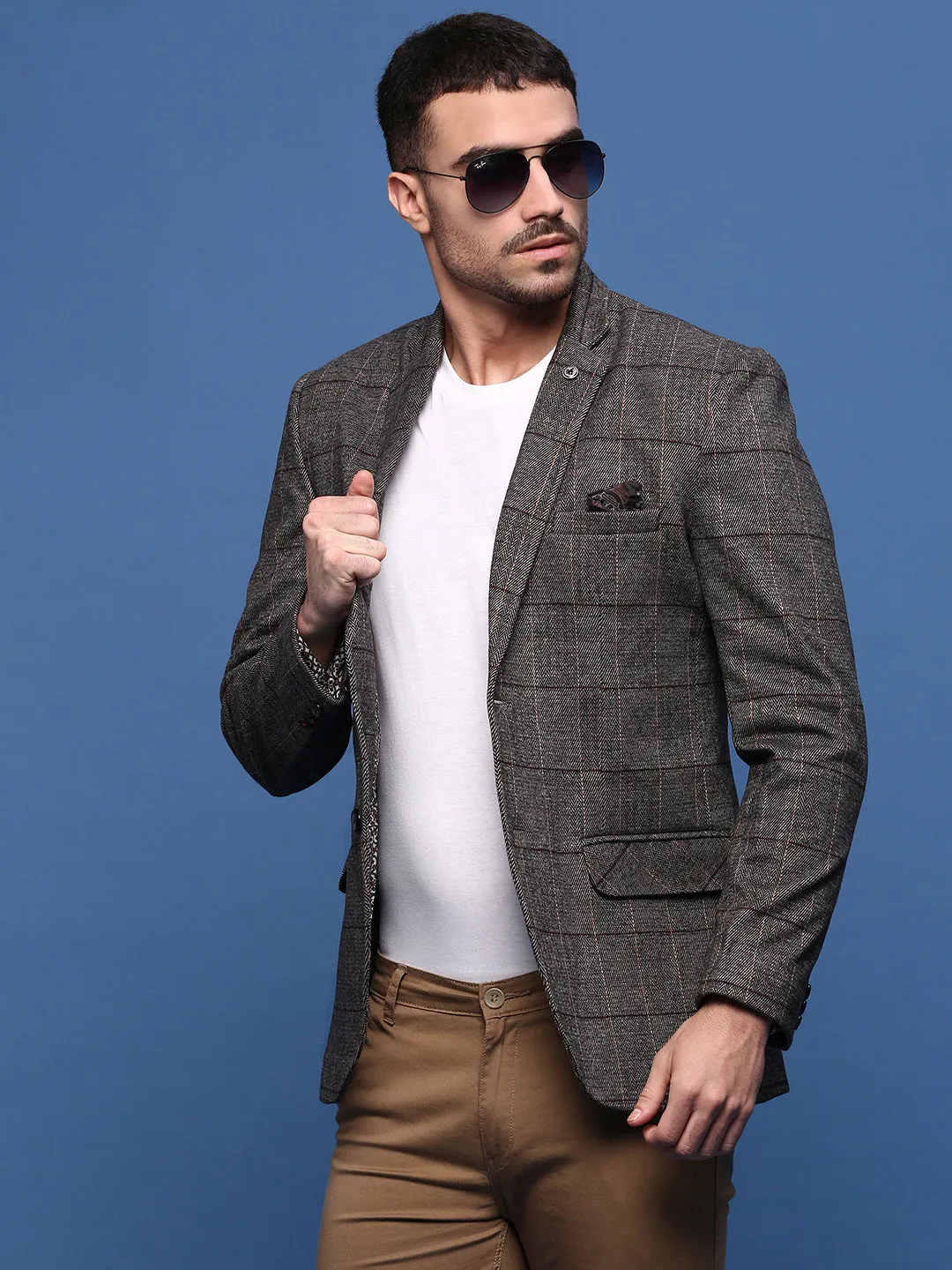 Men's Brown Slim Fit Checked Single Breasted Blazer Mold resistant Bonded Seam Construction
