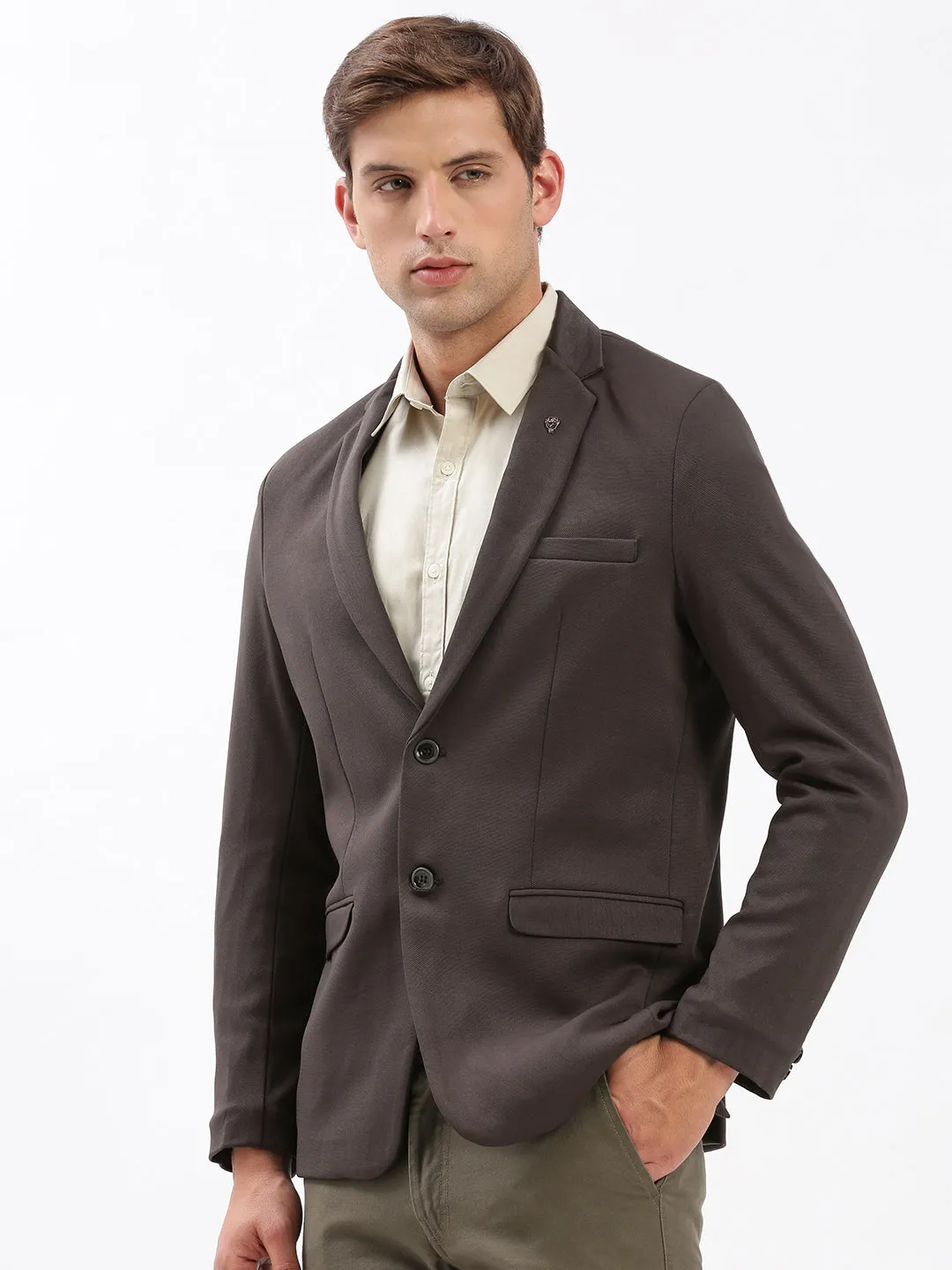 Double Buttons PFC Free Waterproofing Men's Brown Slim-Fit Notched Lapel Collar Single-Breasted Blazer