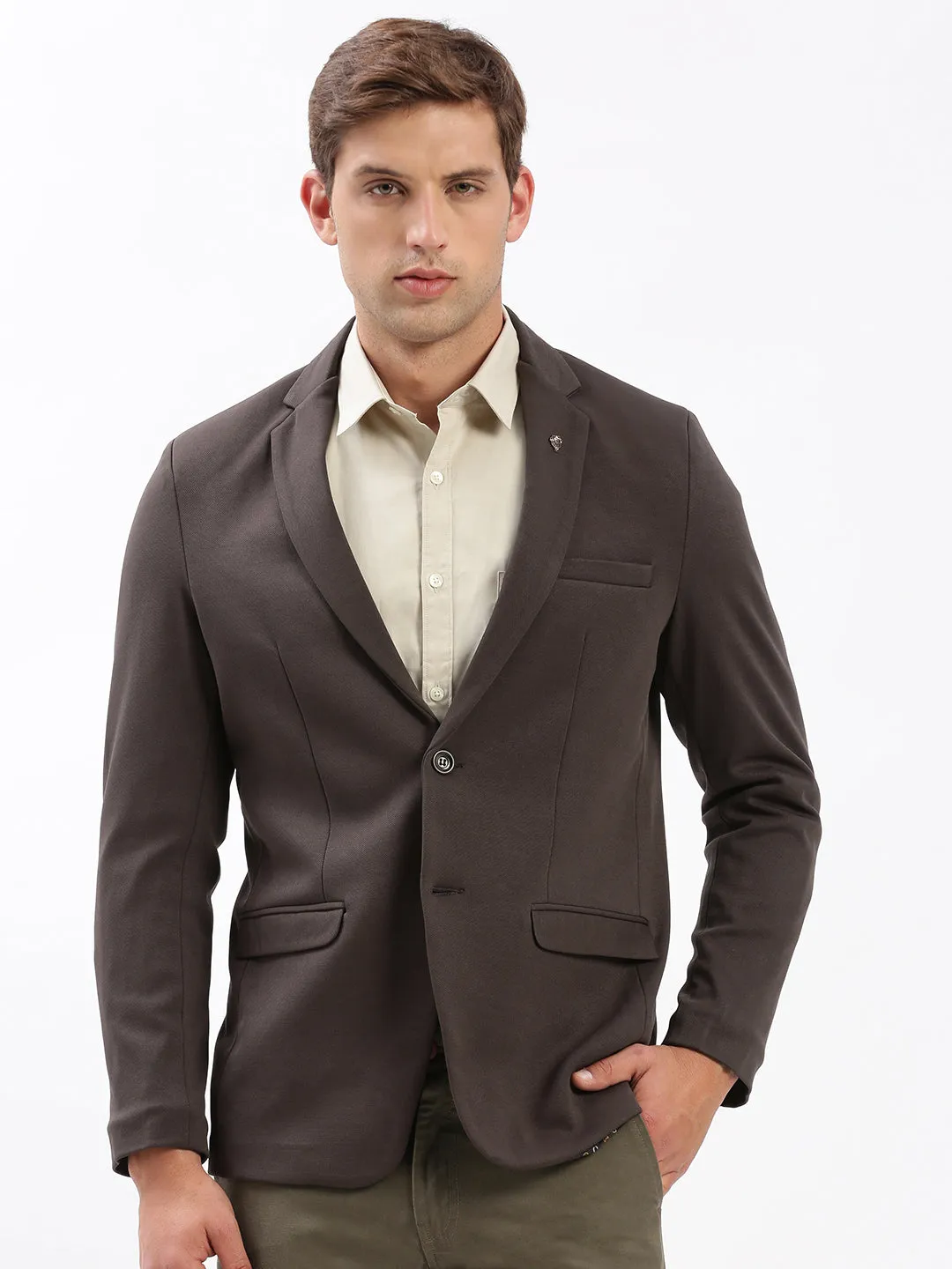 Men's Brown Slim-Fit Notched Lapel Collar Single-Breasted Blazer Versatile Layering
