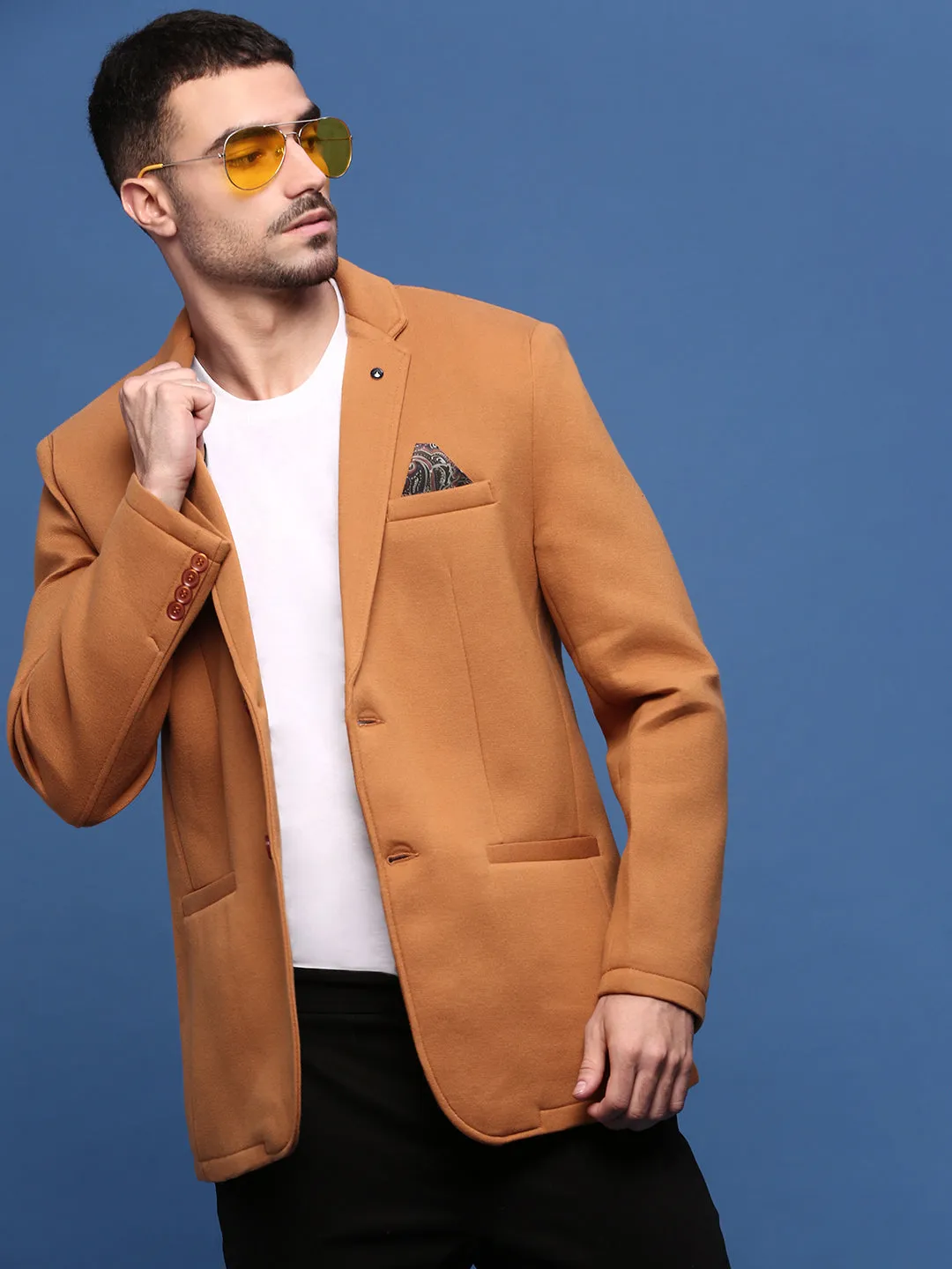 Adjustable hood design Men's Camel Brown Slim Fit Single Breasted Blazer