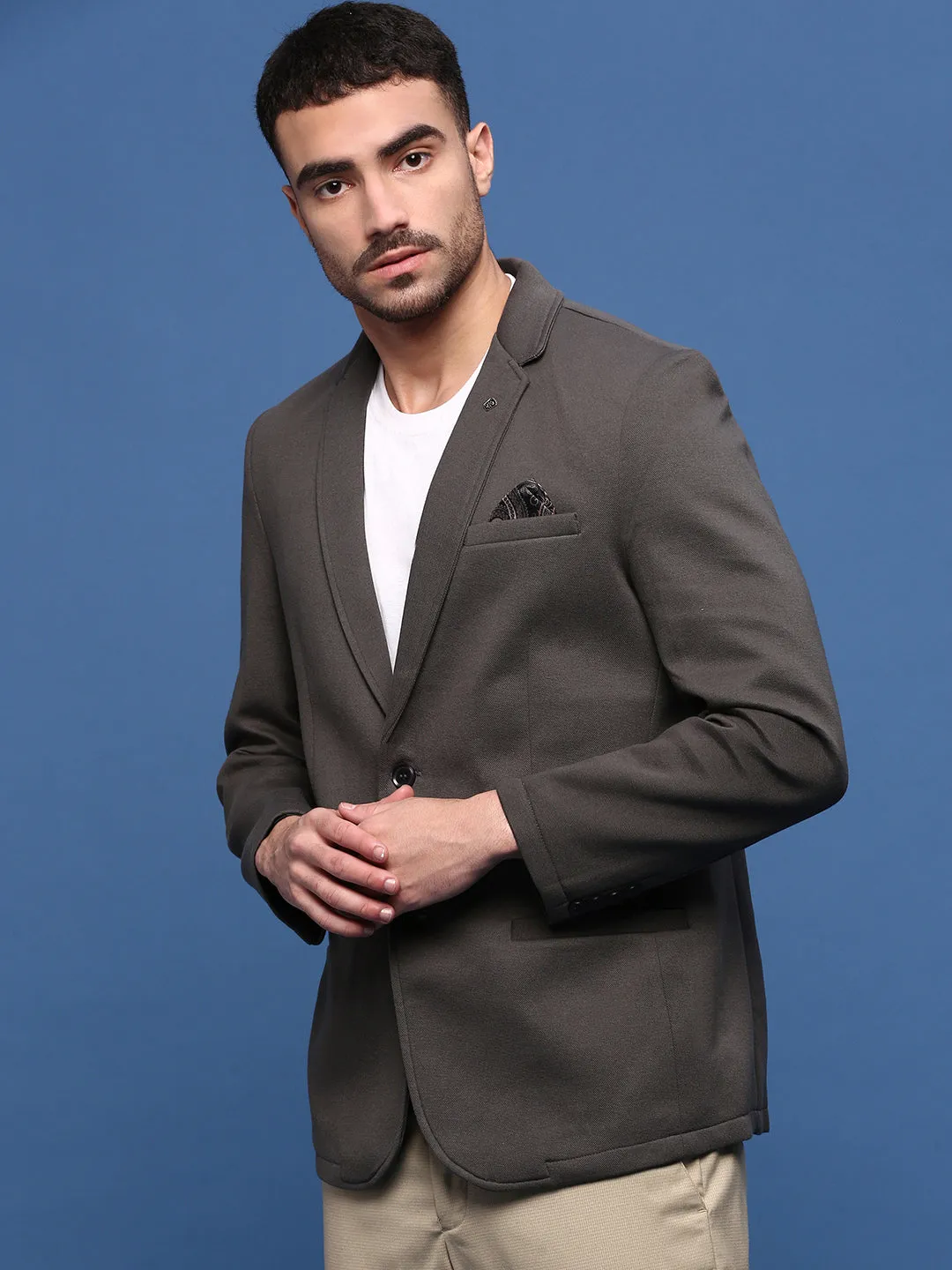 Flexible Fleece Lining Eco Friendly Recycled Material Men's Charcoal Single Breasted Slim Fit Blazer