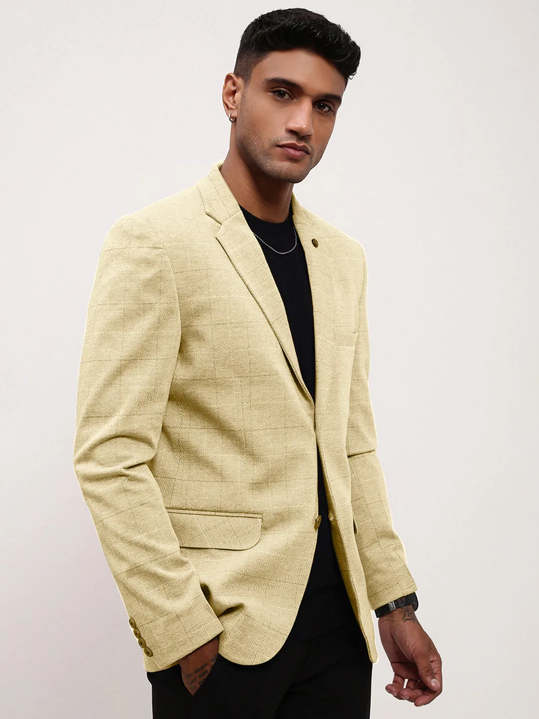 Men's Cream Checked Single Breasted Blazer Versatile Design