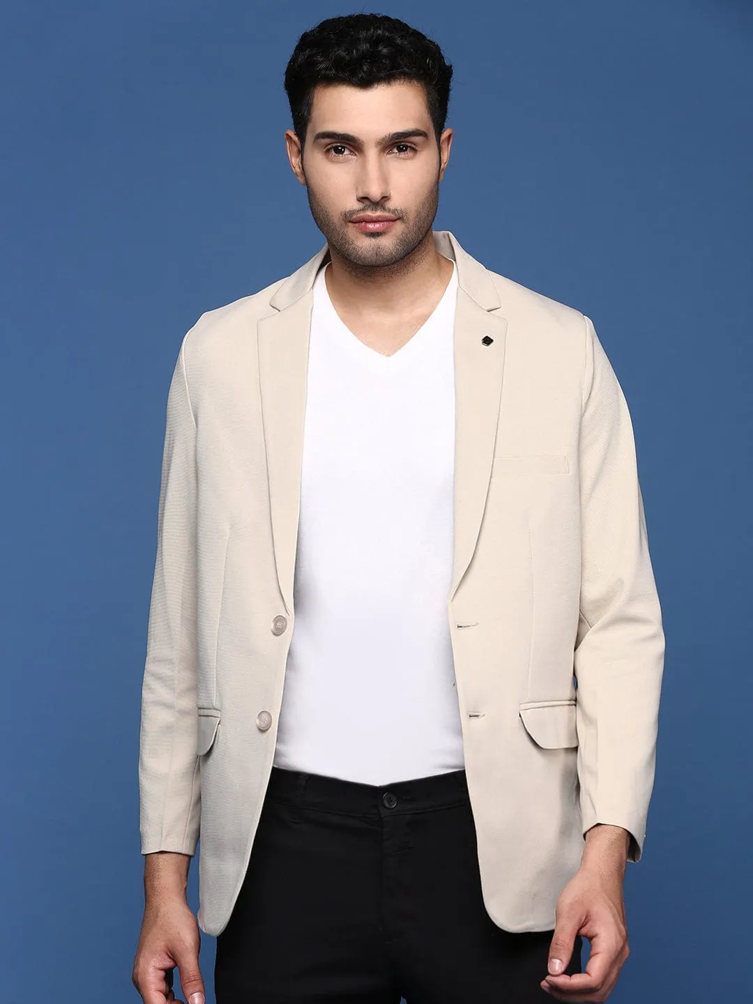Men's Cream Slim Fit Single Breasted Blazer Fringe Detail