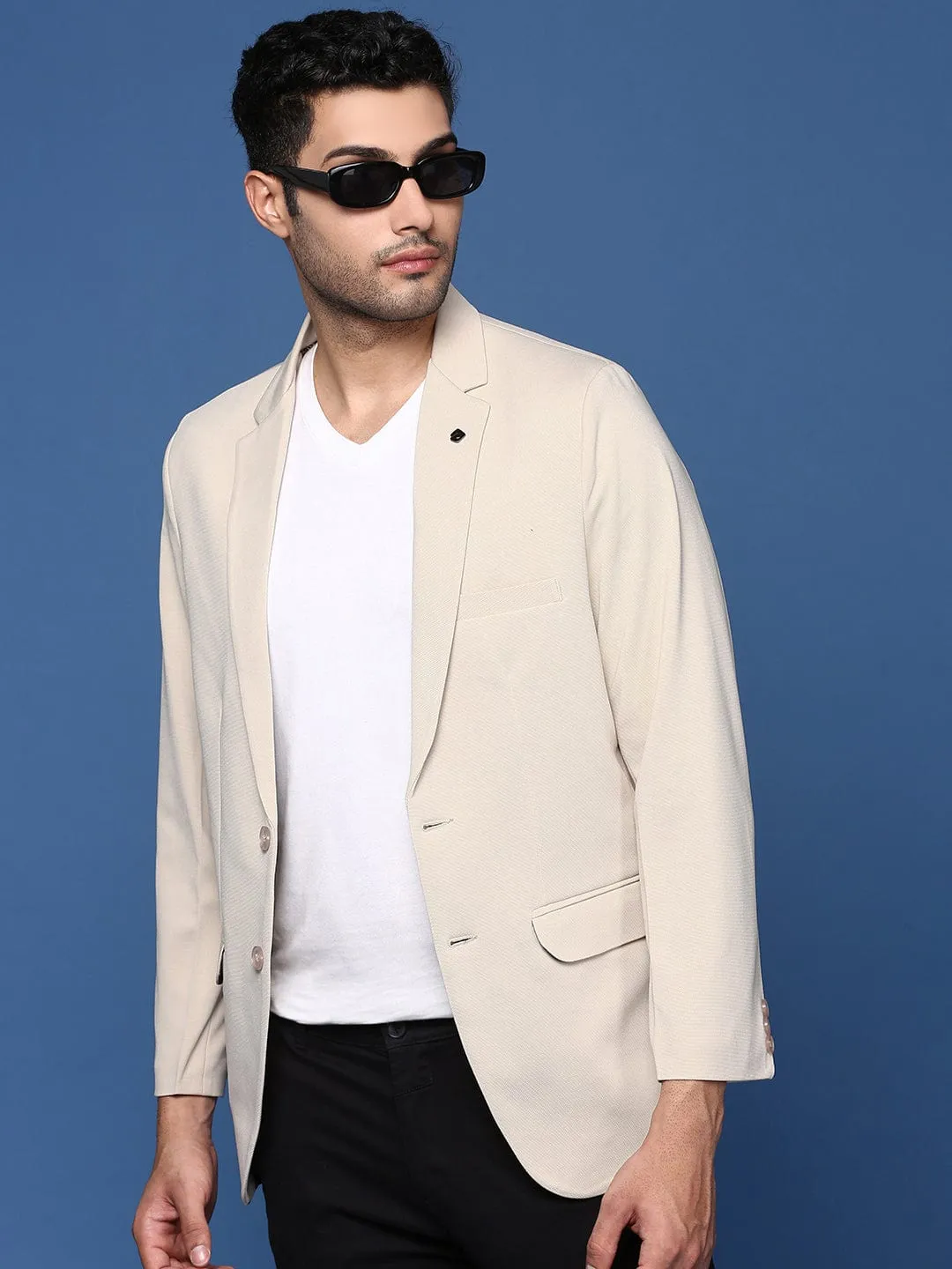 Sleek Casual Men's Cream Slim Fit Single Breasted Blazer