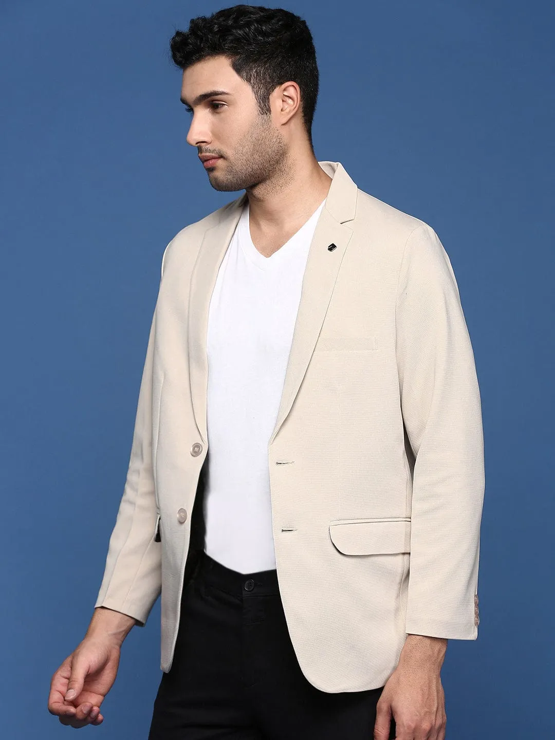 Men's Cream Slim Fit Single Breasted Blazer Crisp Detail