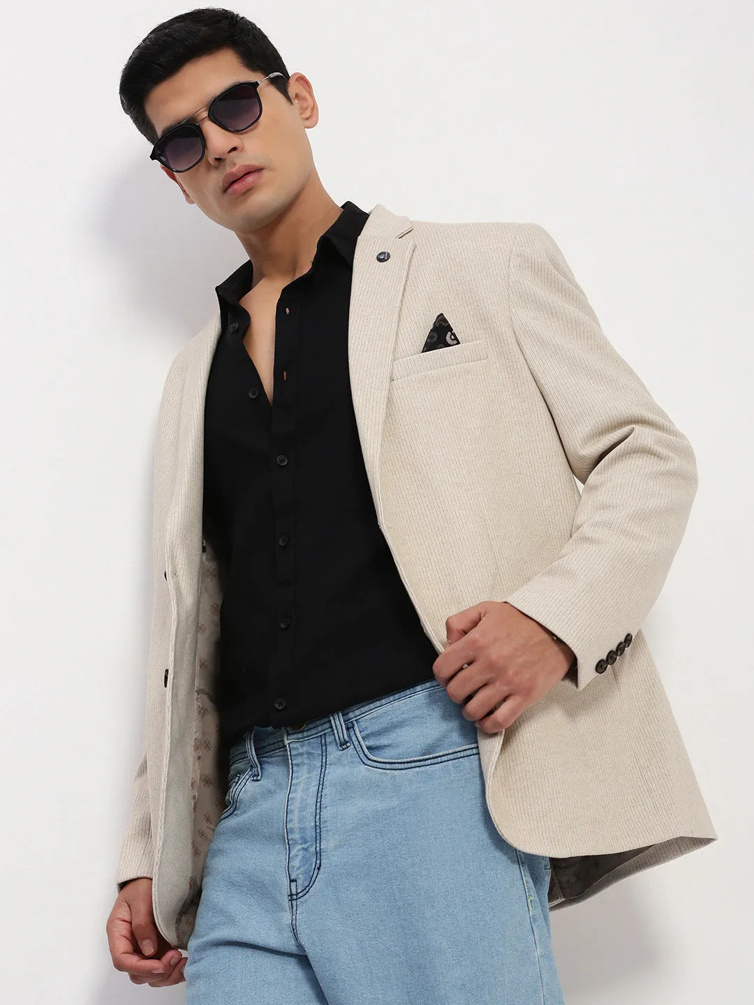Men's Cream Solid Single Breasted Blazer Breathable Mesh Panels