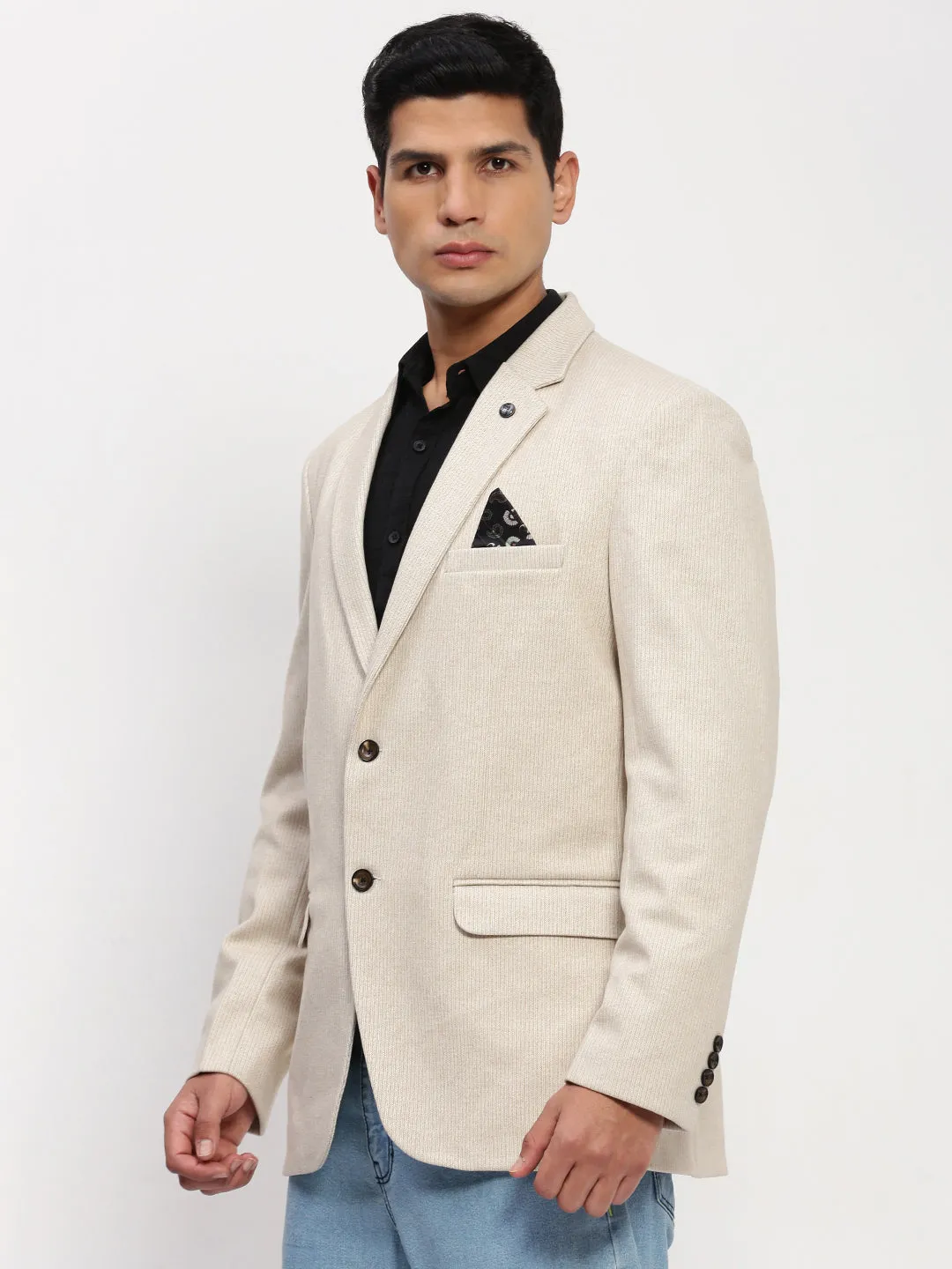 Taped Seam Technology Stand Collar Men's Cream Solid Single Breasted Blazer