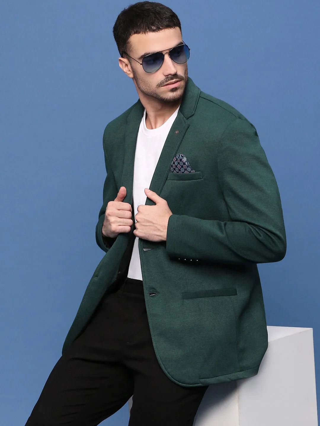 Pocket Placement Compact Storage Men's Green Slim Fit Single Breasted Notched Lapel Cotton Blazers