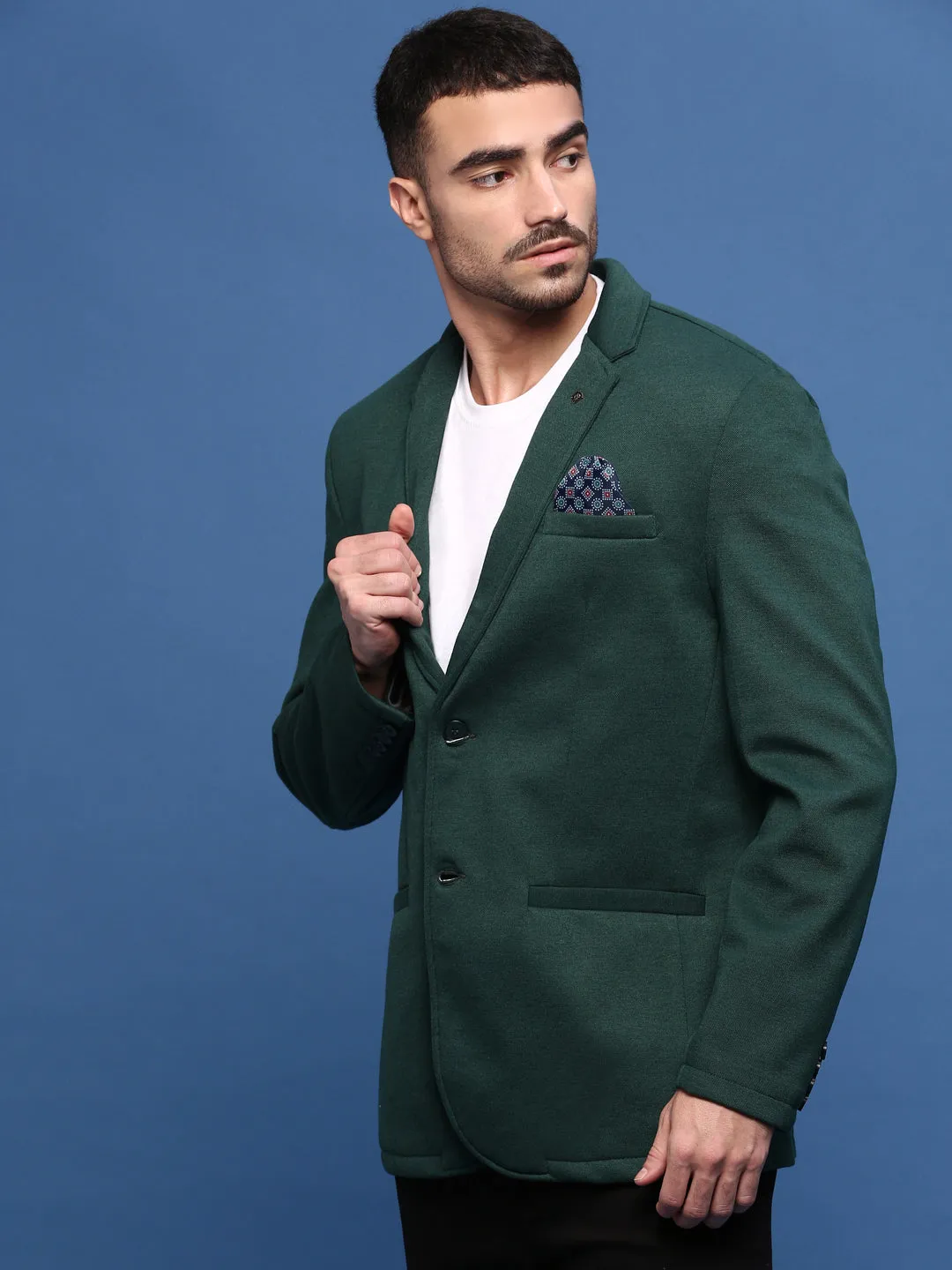 Men's Green Slim Fit Single Breasted Notched Lapel Cotton Blazers Water Repellent Fabric Fire Retardant Treated Fabric