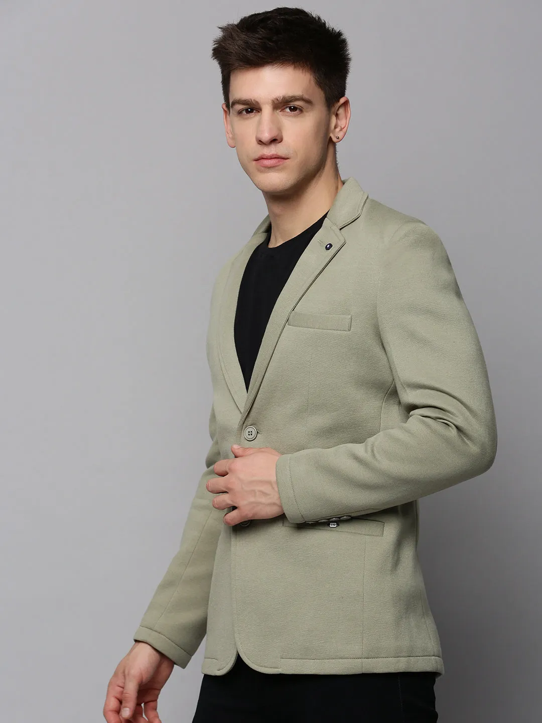Men's Green Solid Single Breasted Blazer Practical Cold Piece Airy Layer Fit