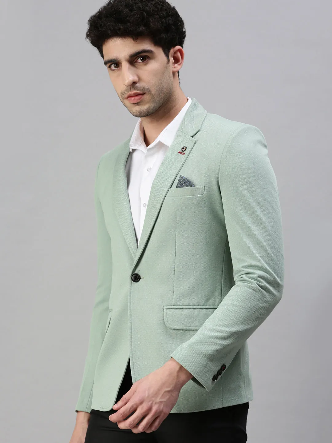 Men's Green Solid Single Breasted Casual Blazer SoftshellTexture Snag Free Fabric