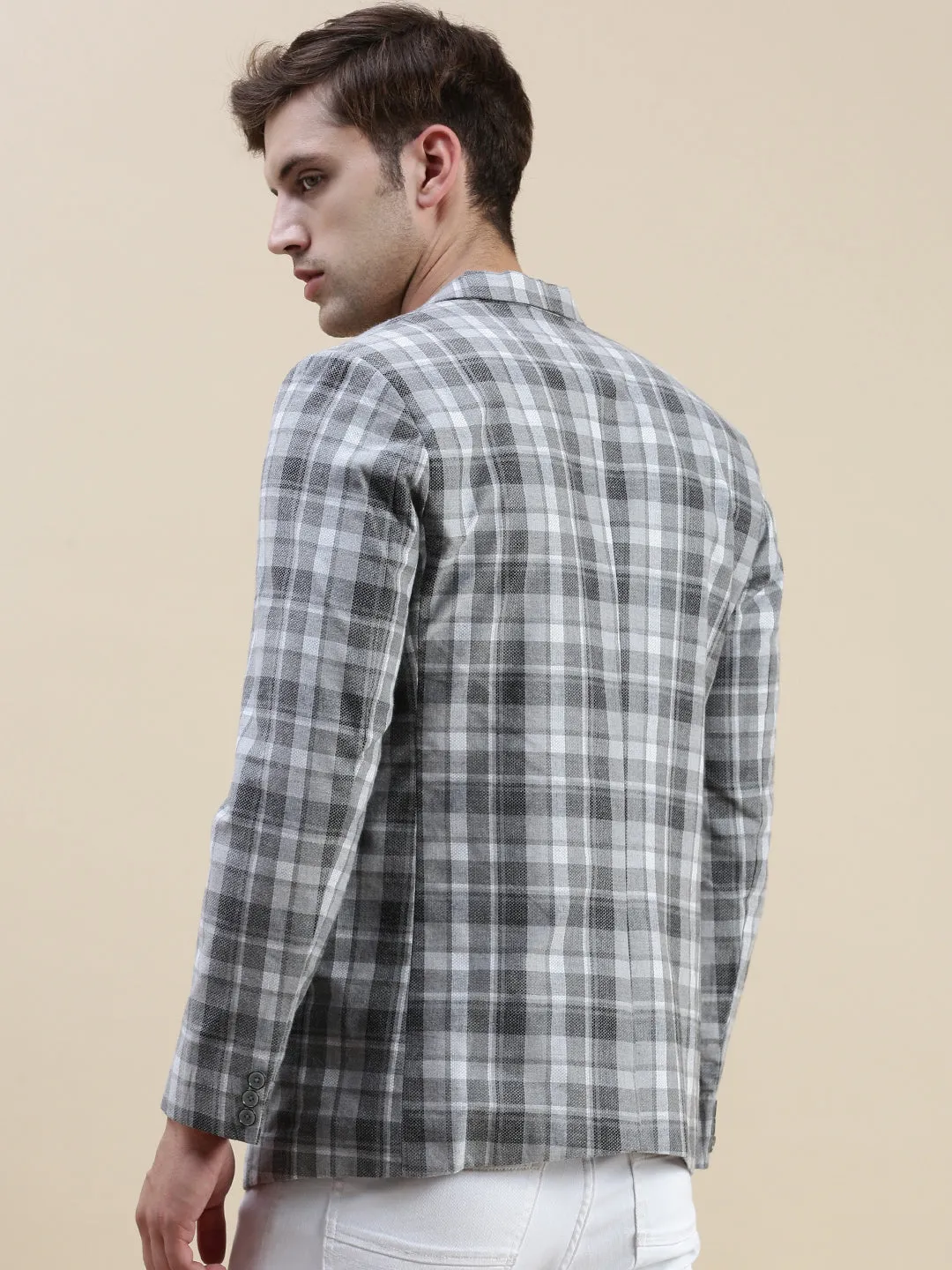 Multi Pocket Utility Breathable Material Men's Grey Checked Notched Lapel Collar Single-Breasted Blazer