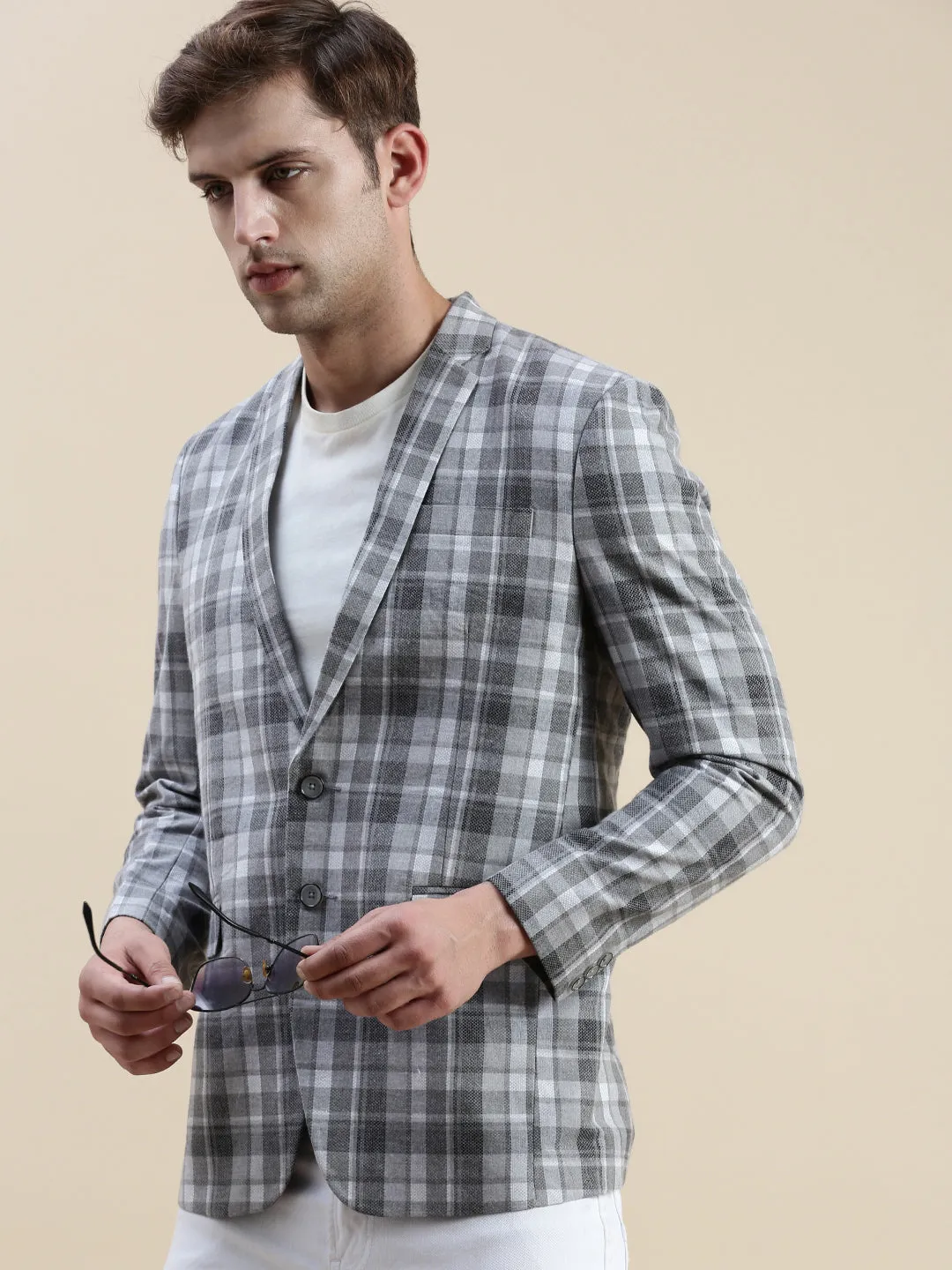 Double Layered Collar Weekend Casual Fit Men's Grey Checked Notched Lapel Collar Single-Breasted Blazer
