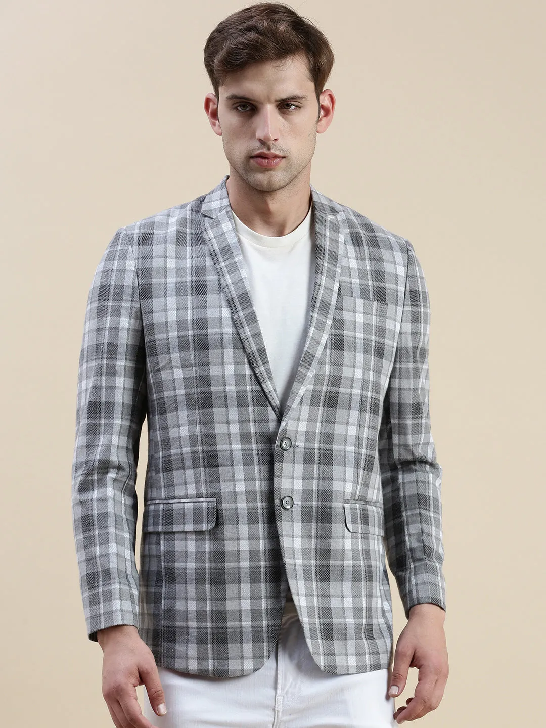 ripstop fabric Minimal Daily Fit Men's Grey Checked Notched Lapel Collar Single-Breasted Blazer