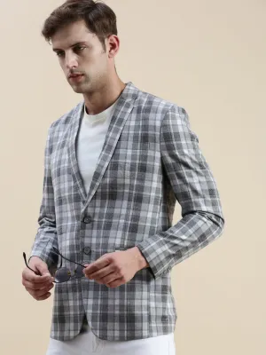 Double Layered Collar Weekend Casual Fit Men's Grey Checked Notched Lapel Collar Single-Breasted Blazer