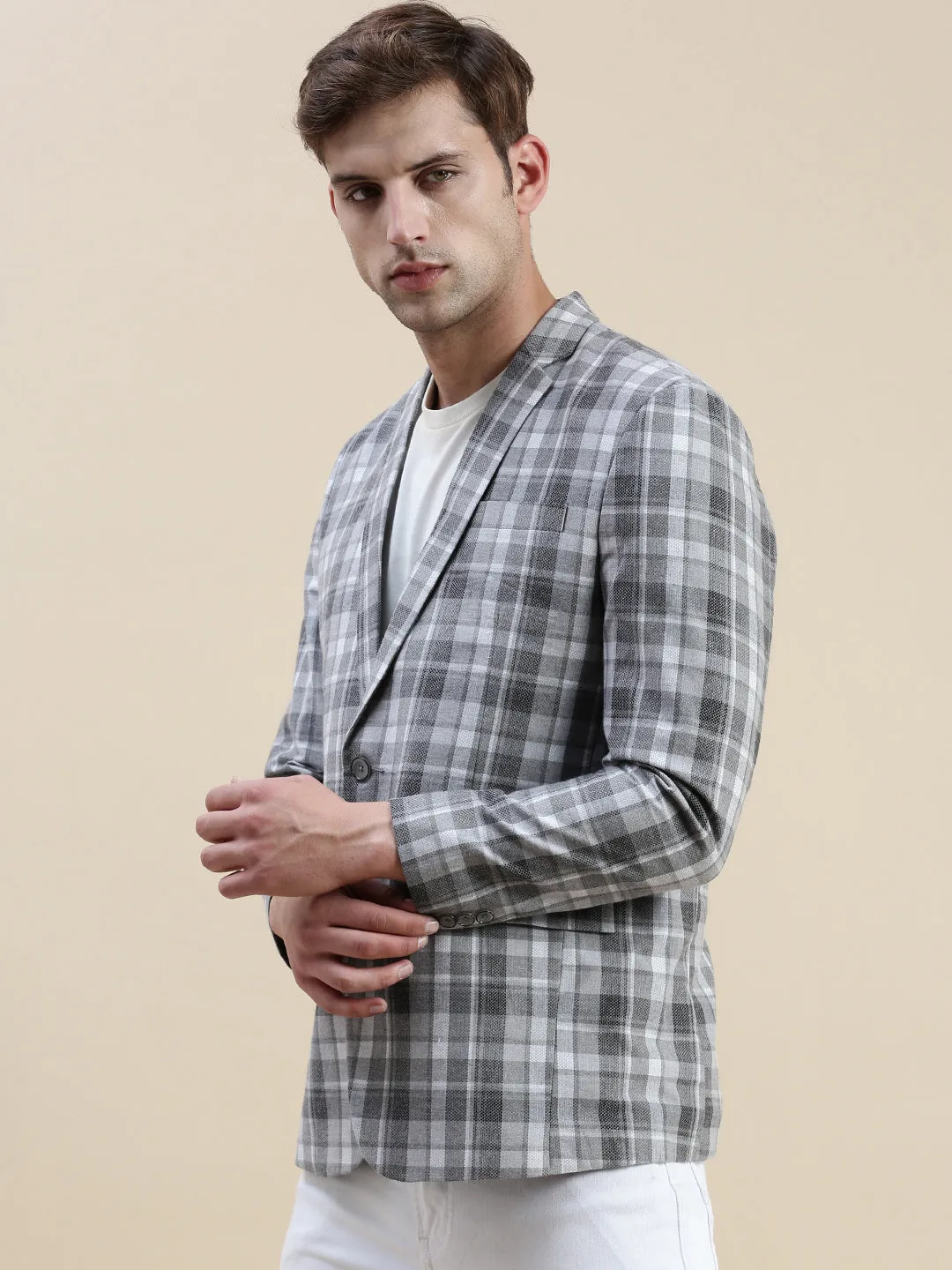 Men's Grey Checked Notched Lapel Collar Single-Breasted Blazer Breathable Technology Flexible Hood Design