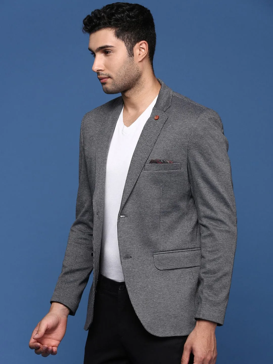 Tear Resistant Material Eco Friendly Construction Men's Grey Checked Notched Lapel Slim Fit Single Breasted Blazer