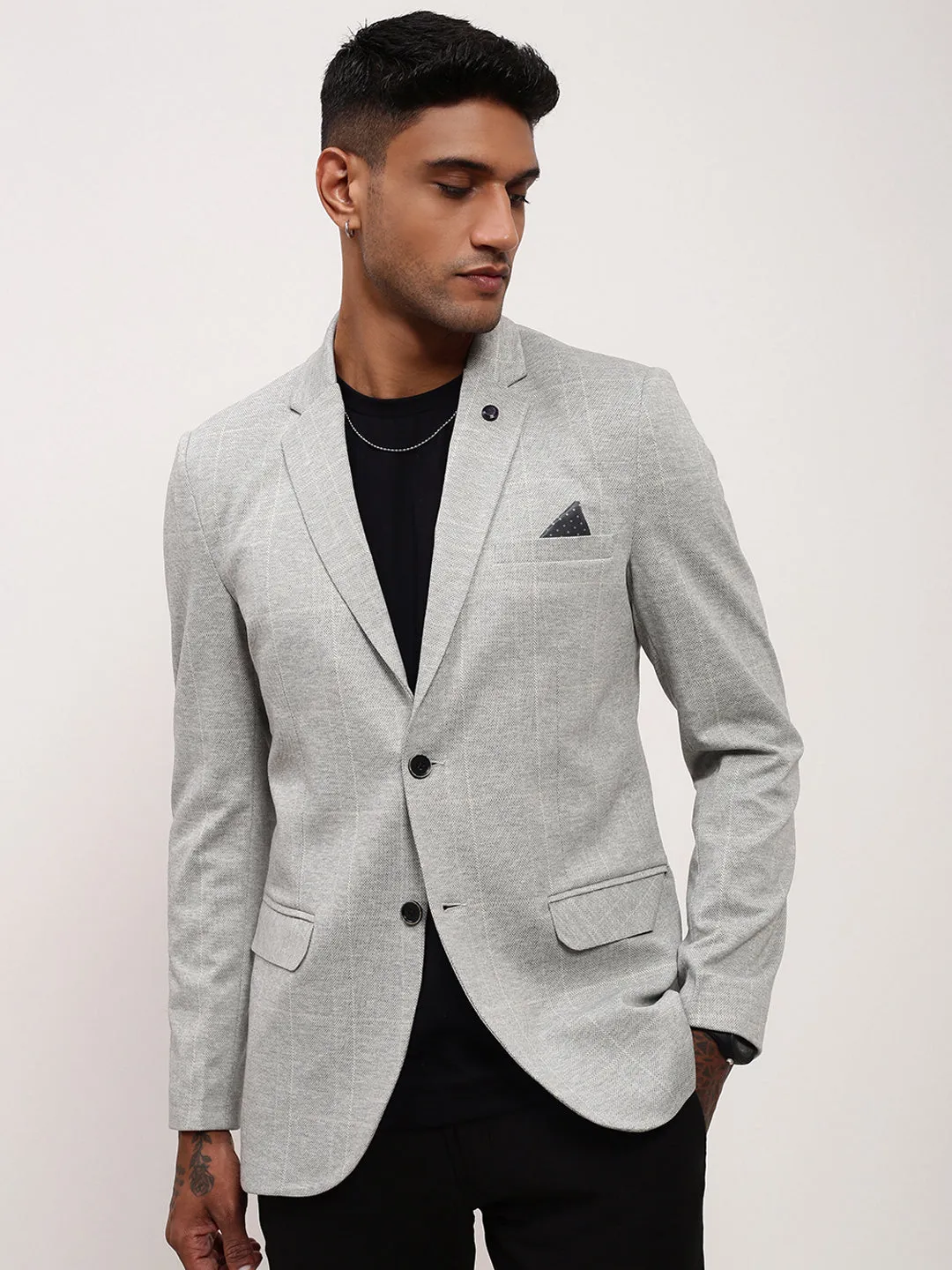 Checkered Style Men's Grey Checked Single Breasted Blazer