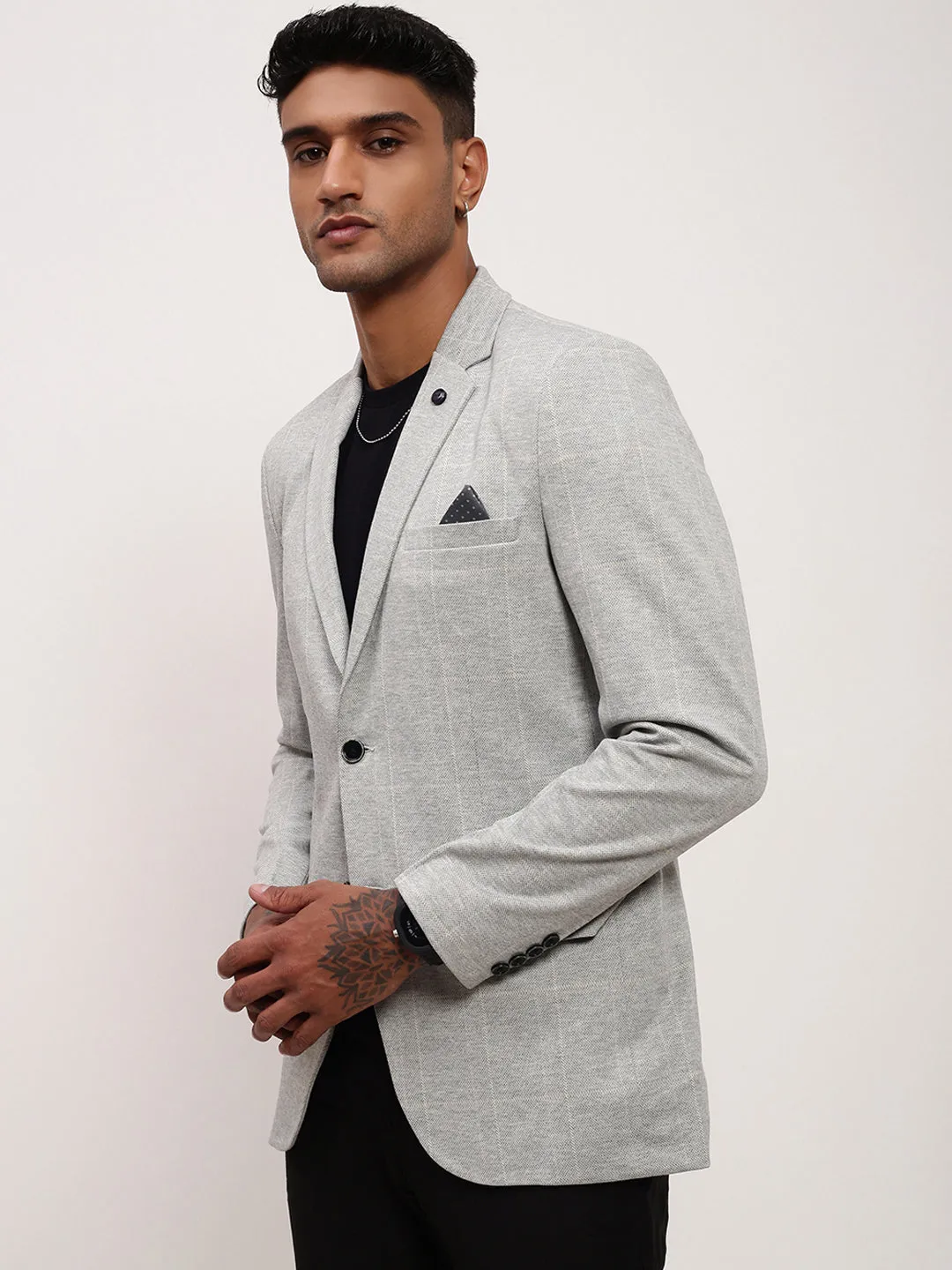 Athletic Tailored Fit Men's Grey Checked Single Breasted Blazer