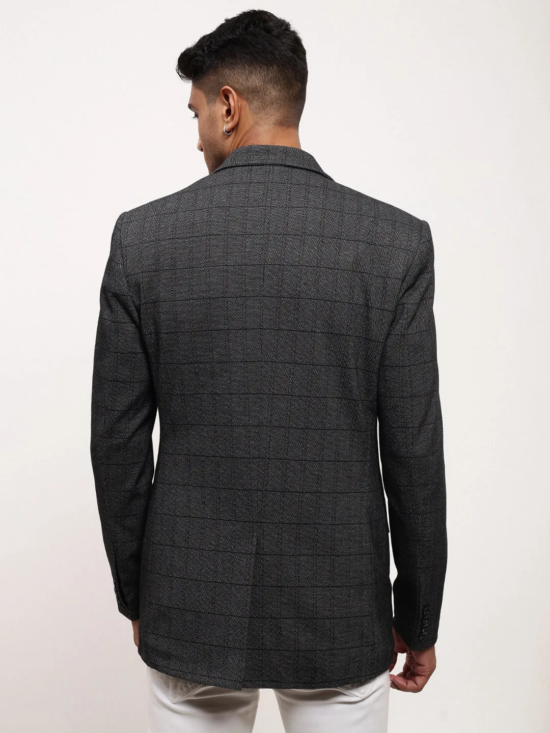 Men's Grey Checked Slim-Fit Notched Lapel Single Breasted Blazer Compression Resistant Insulation