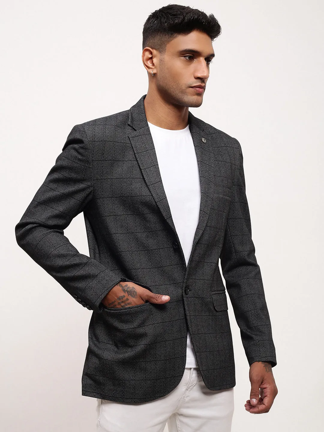 Soft Texture Anti Pilling Men's Grey Checked Slim-Fit Notched Lapel Single Breasted Blazer