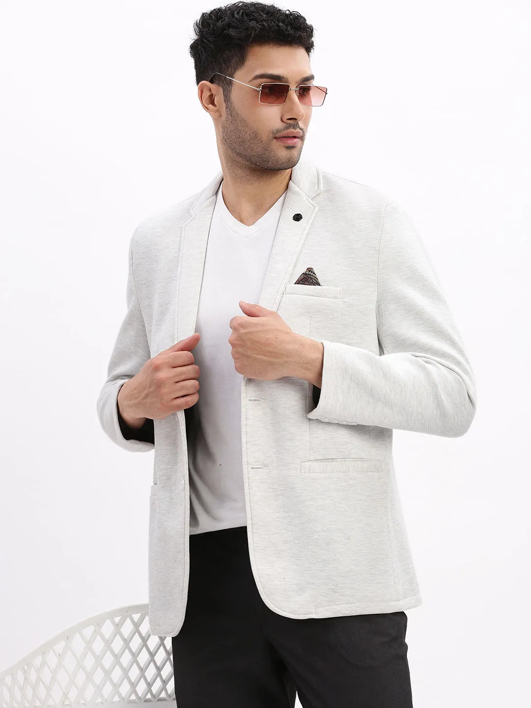 Soft Weather Wear Men's Grey Single-Breasted Slim Fit Blazer with Notched Lapel