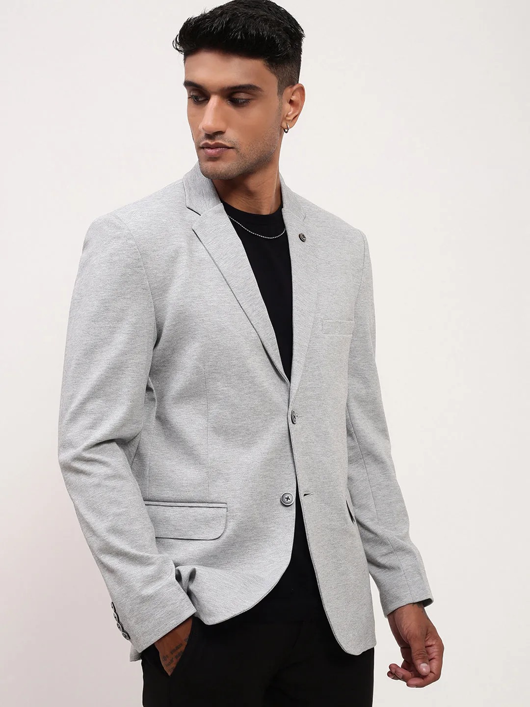 Vegan Fabric Men's Grey Single-Breasted Slim Fit Blazer with Notched Lapel