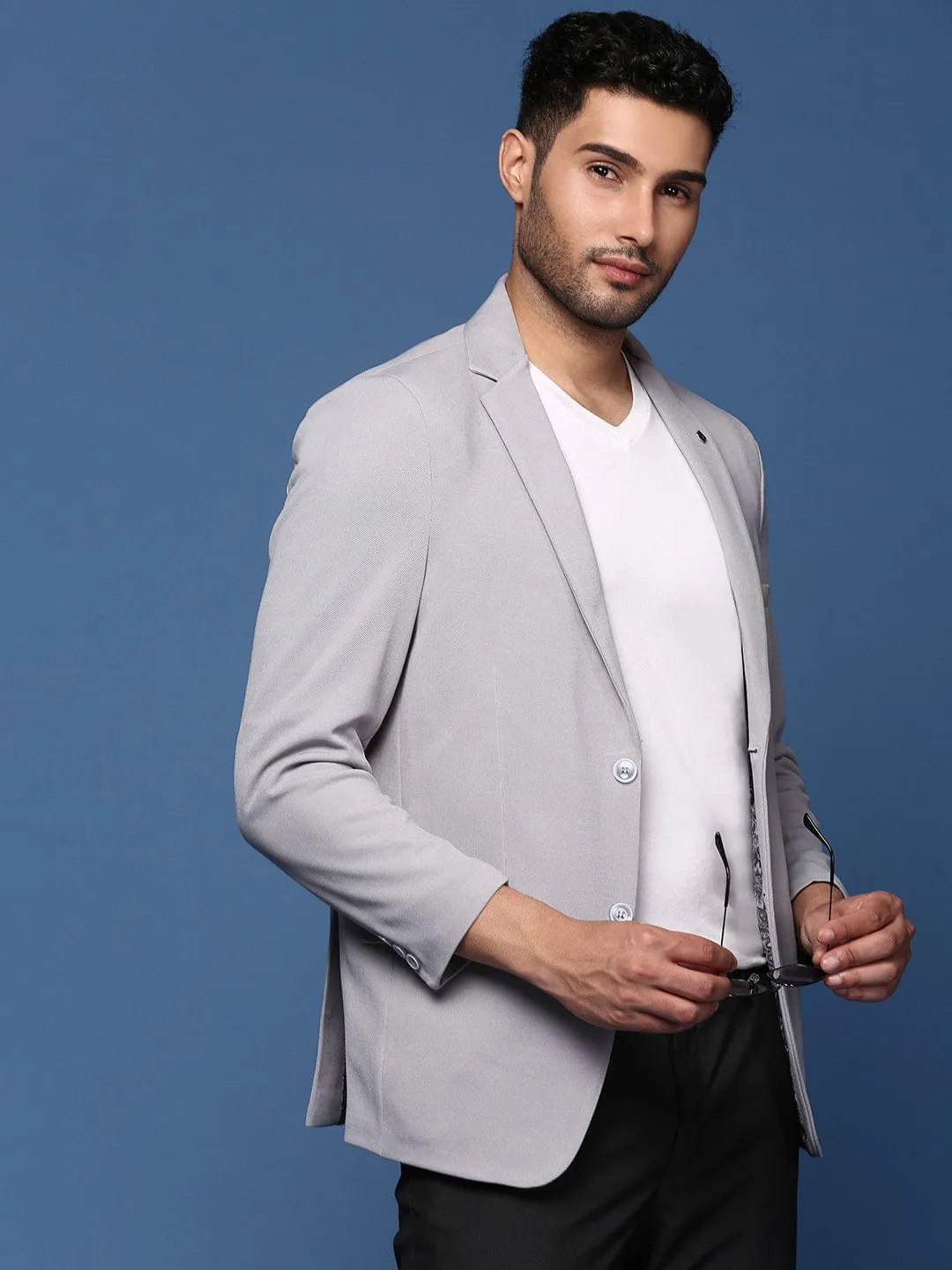 Wind Blocking Fabric Men's Grey Single Breasted Slim Fit Casual Blazer