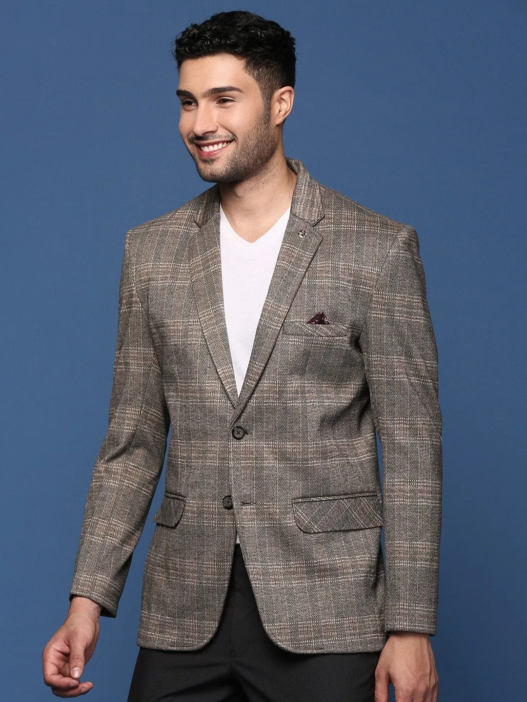 Subtle Design Detail Men's Grey Slim Fit Checked Notched Lapel Single Breasted Blazer