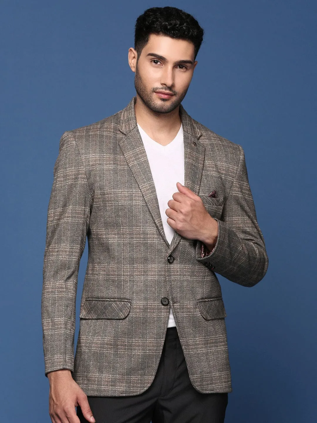 All Weather Performance Men's Grey Slim Fit Checked Notched Lapel Single Breasted Blazer
