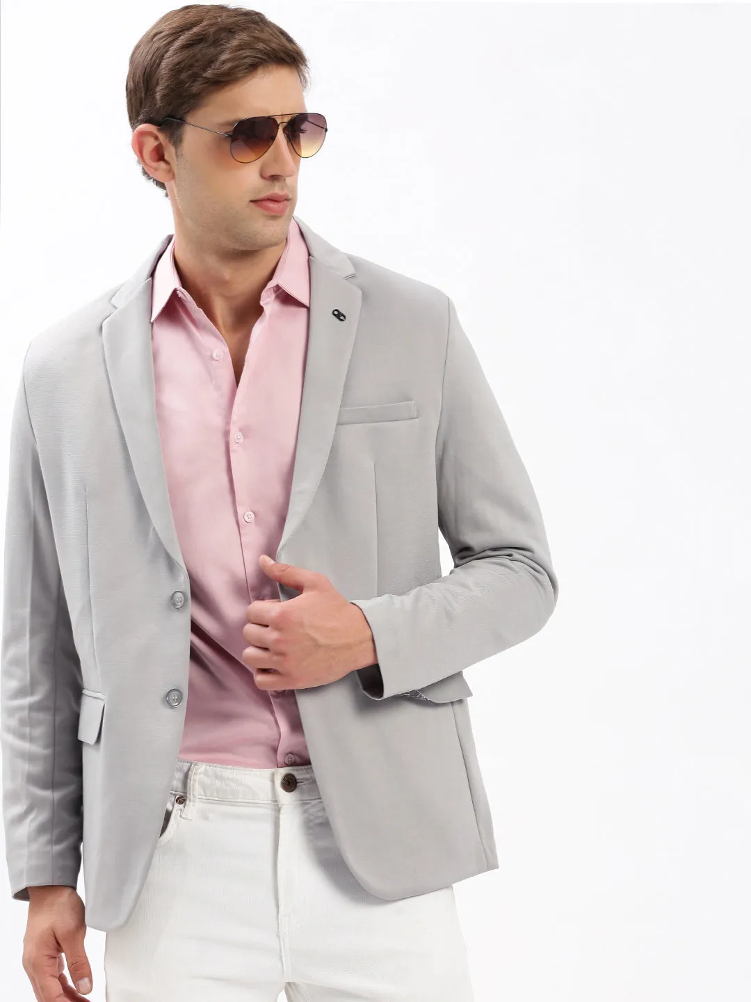 Men's Grey Slim-Fit Notched Lapel Collar Single-Breasted Blazer Compression Fit Design