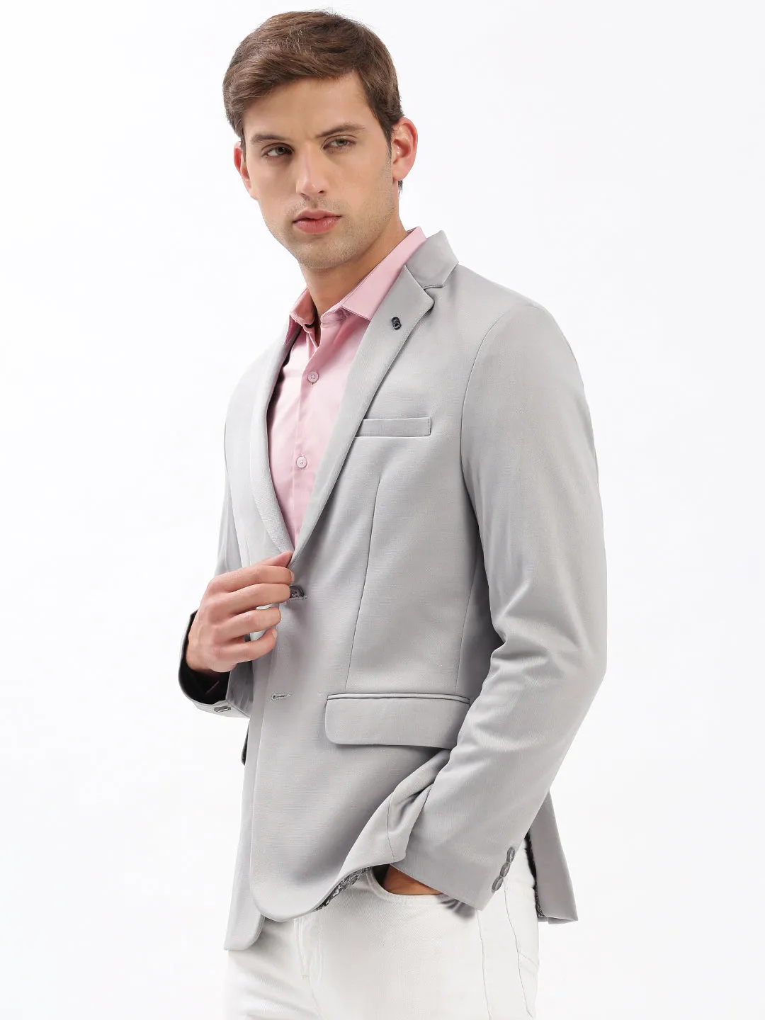 Adjustable Belt Stain Proof Men's Grey Slim-Fit Notched Lapel Collar Single-Breasted Blazer