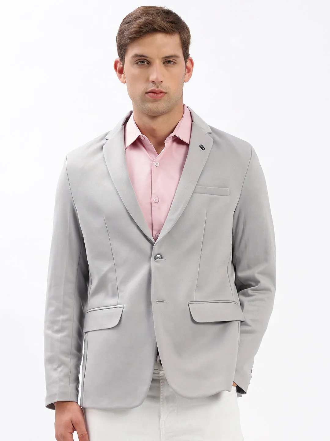 Men's Grey Slim-Fit Notched Lapel Collar Single-Breasted Blazer Compact Fit Look