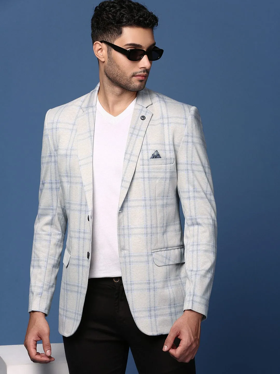 Statement Outerwear Men's Grey Slim Fit Self Designed Single Breasted Blazer