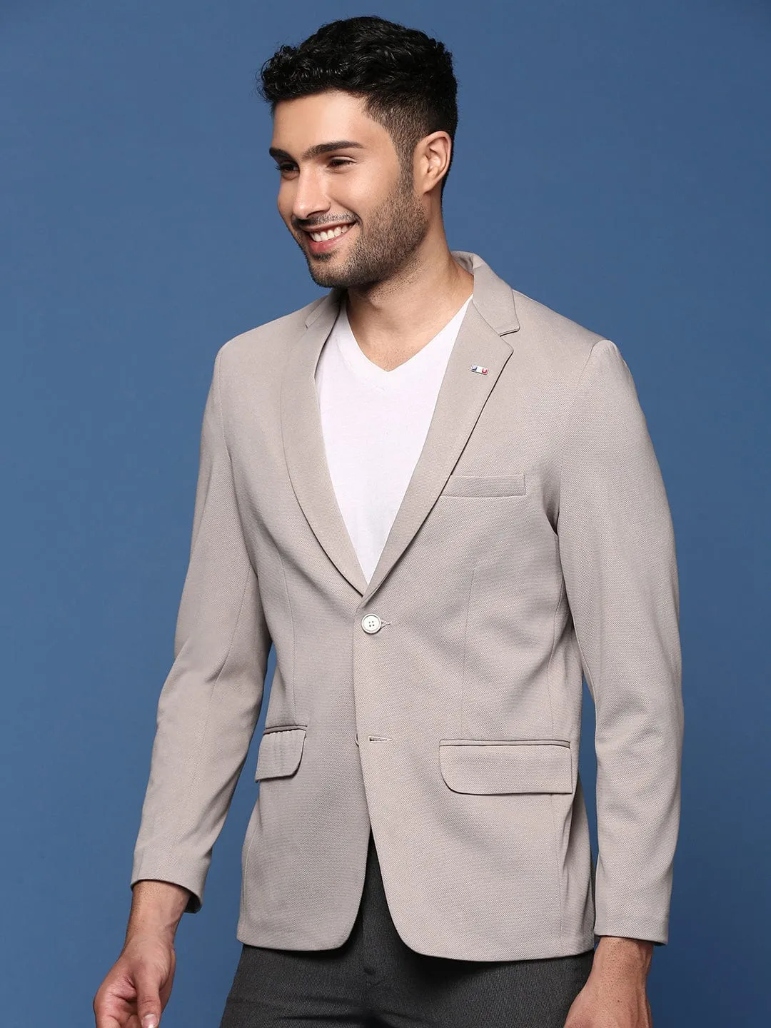 No Collar Men's Grey Slim Fit Single Breasted Blazer