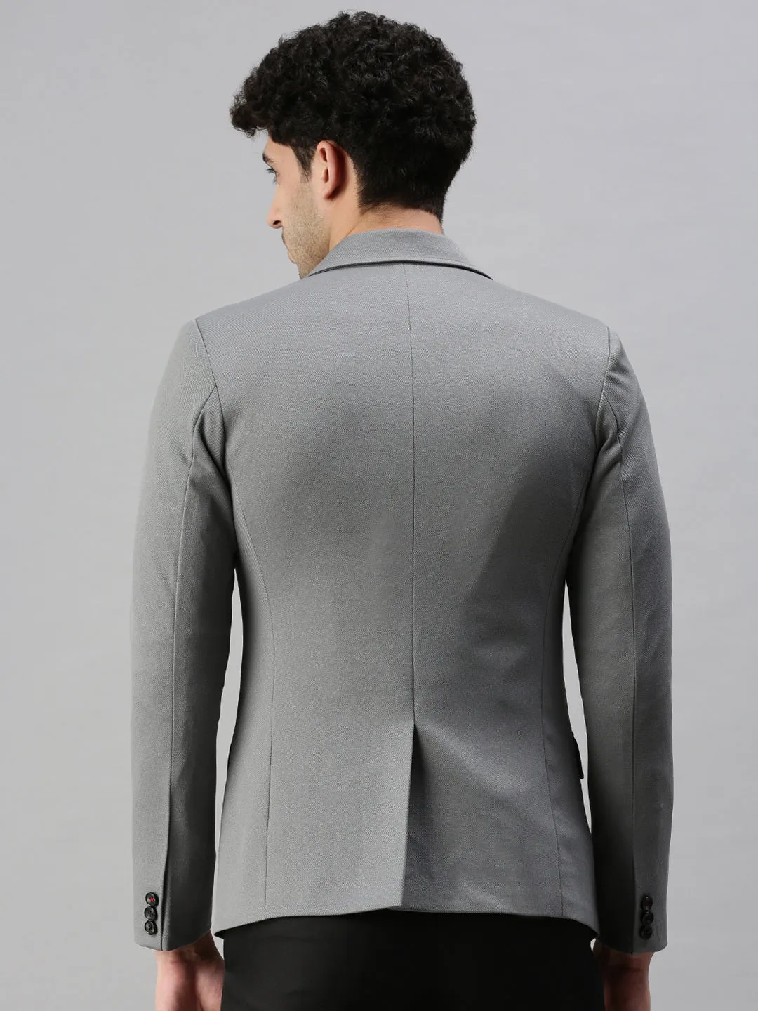 Men's Grey Solid Slim-Fit Single-Breasted Blazers Moisture Wicking Inner Layer